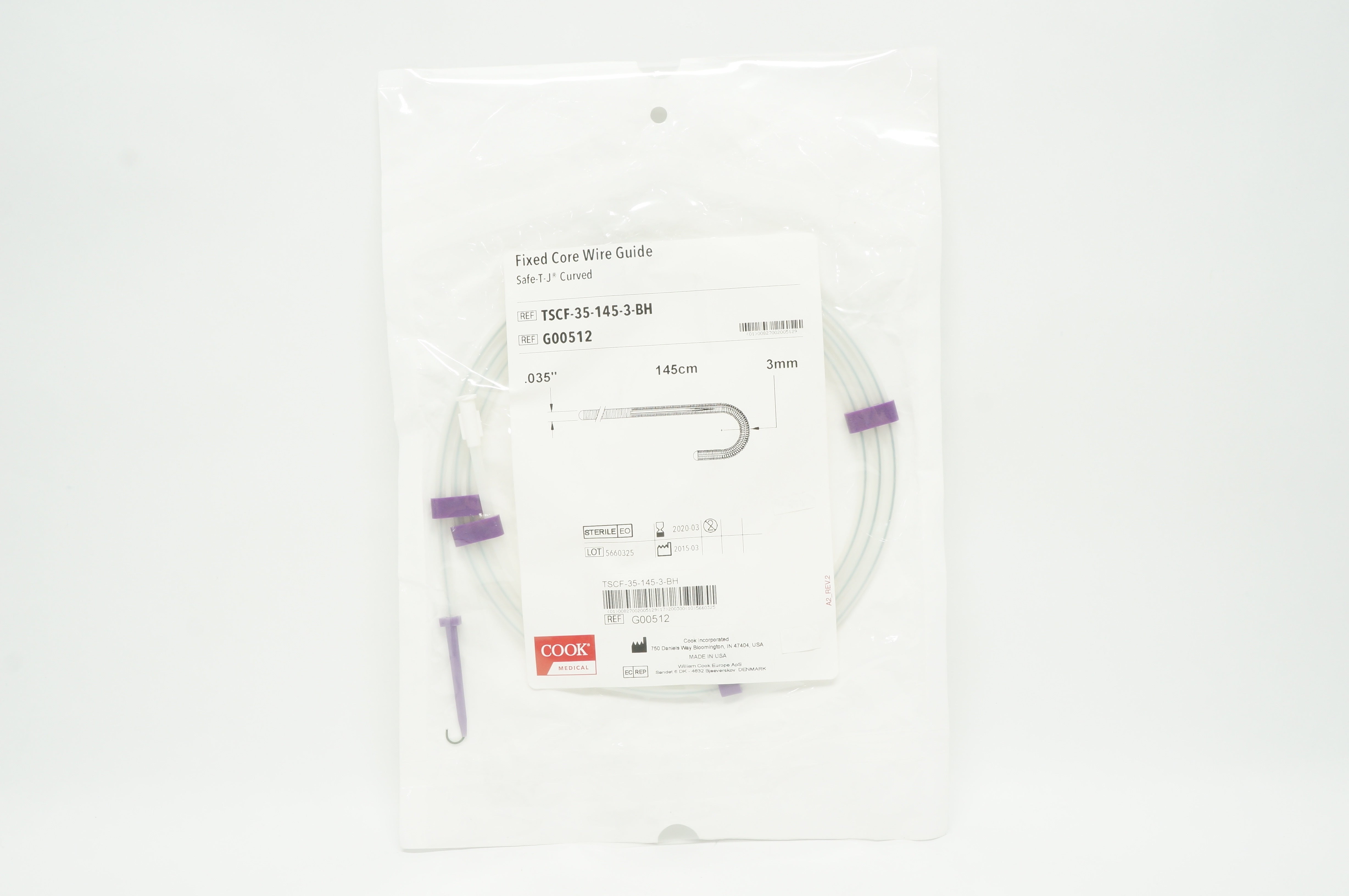 Cook Medical G00512 Fixed Core Wire Guide, Curved .035inch x 3mm x 145cm (x)