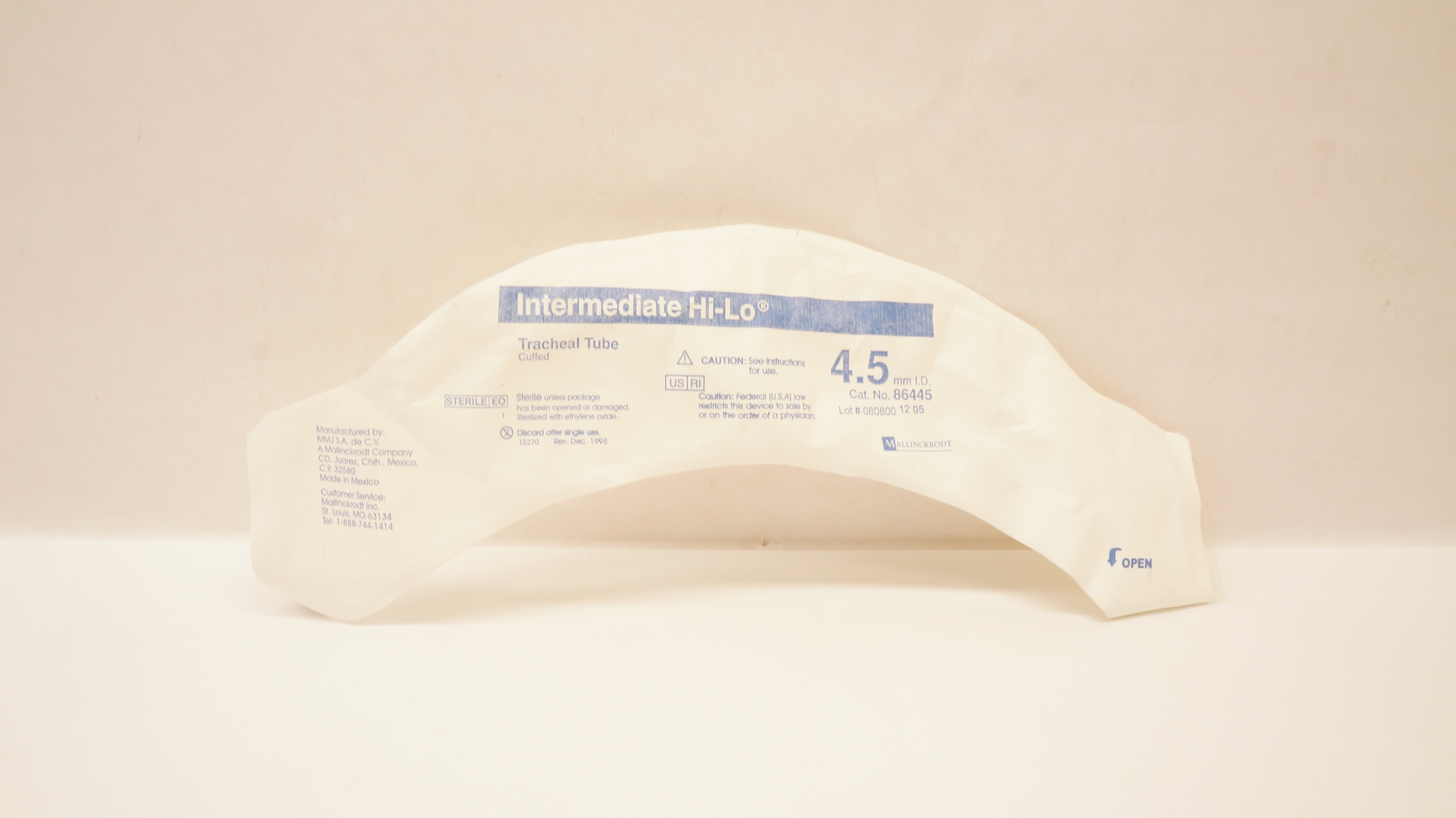 Mallinckrodt 86445 Intermediate Hi-Lo Tracheal Tube Cuffed 4.5mm I.D.