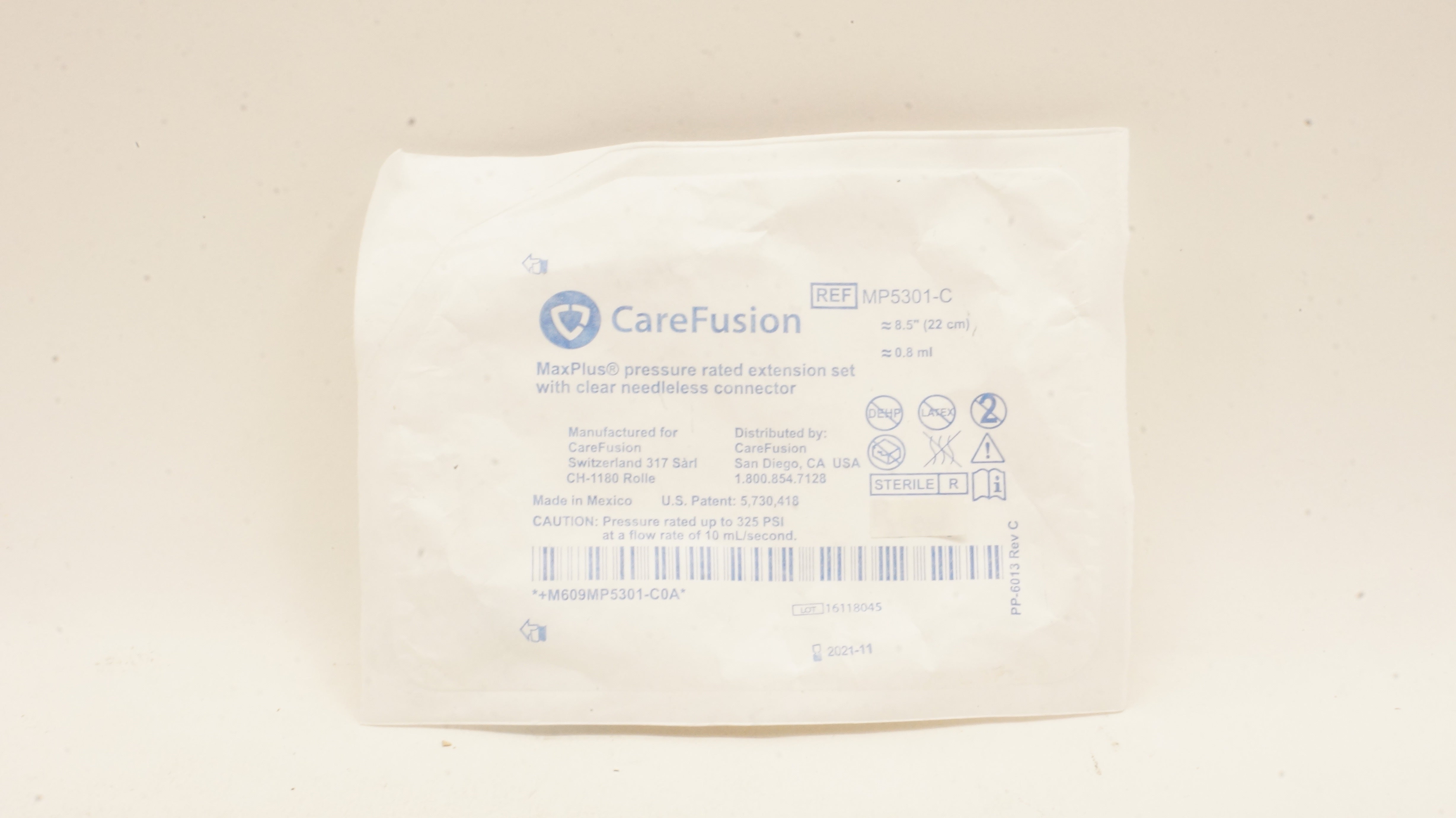 CareFusion MP5301-C MaxPlus Pressure Rated Extension Set 0.8ml 21.5cm 325psi 10ml/s