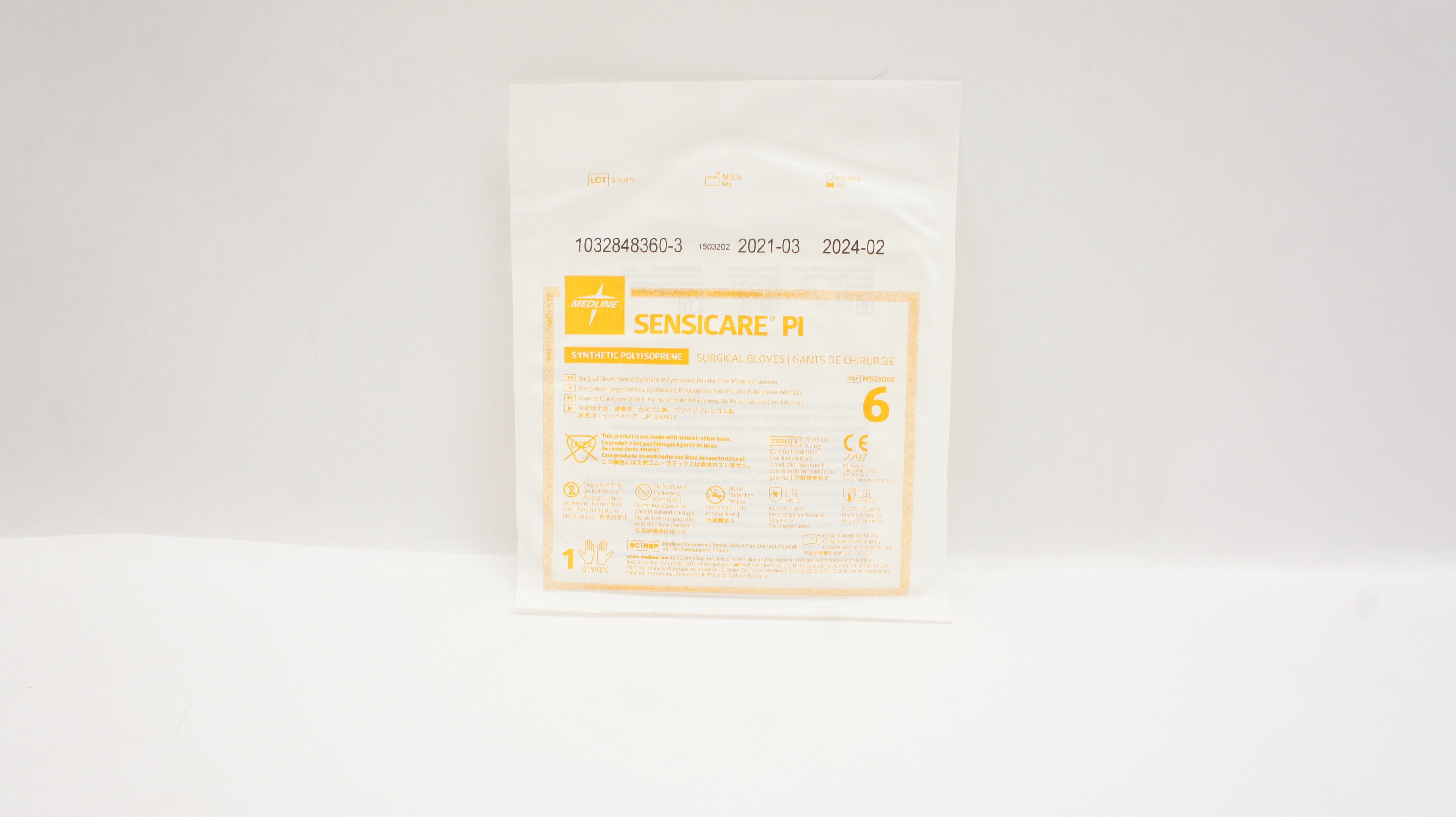 Medline MSG9060 Sensicare PI Synthetic Polyisoprene Surgical Gloves Size 6