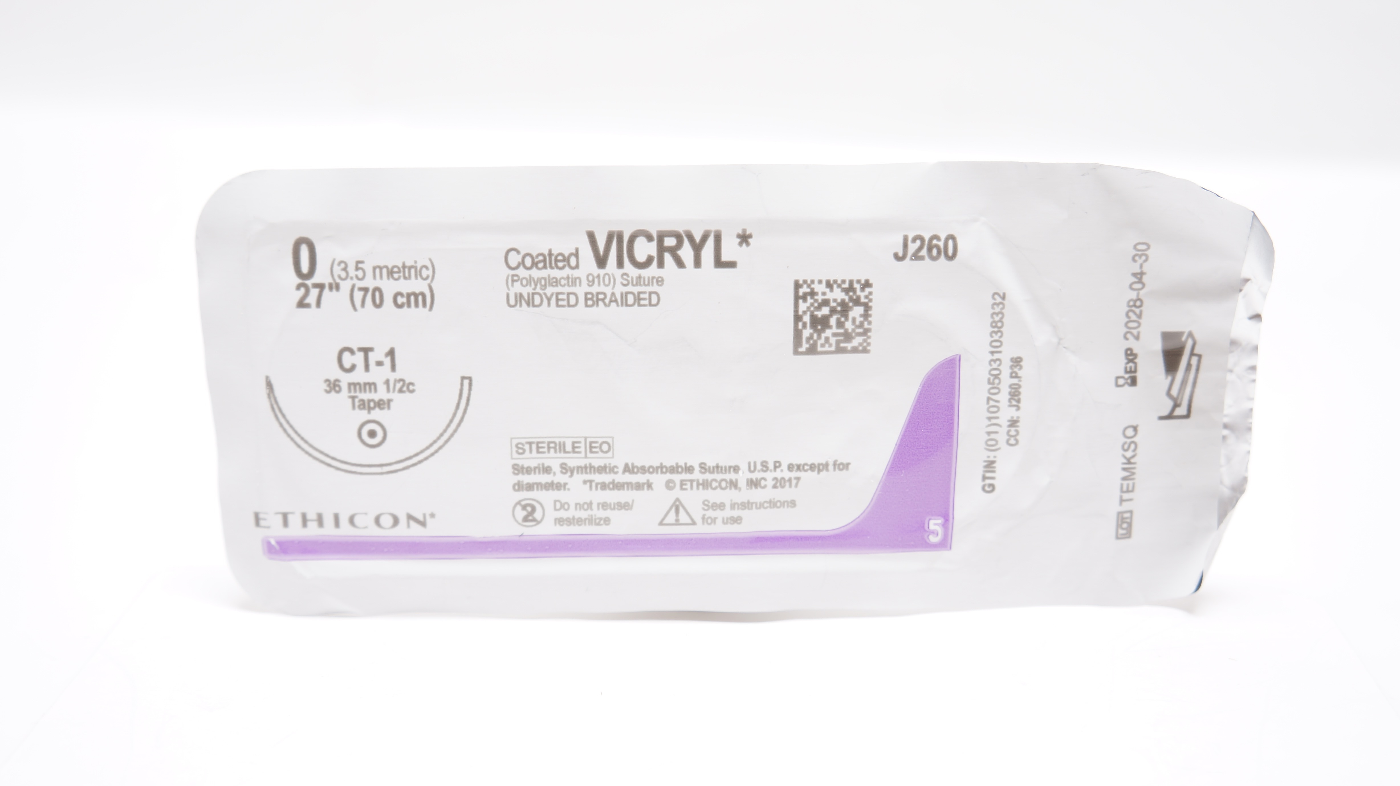 Ethicon J260 0 VICRYL, CT-1, 36mm 1/2c Taper, 27inch