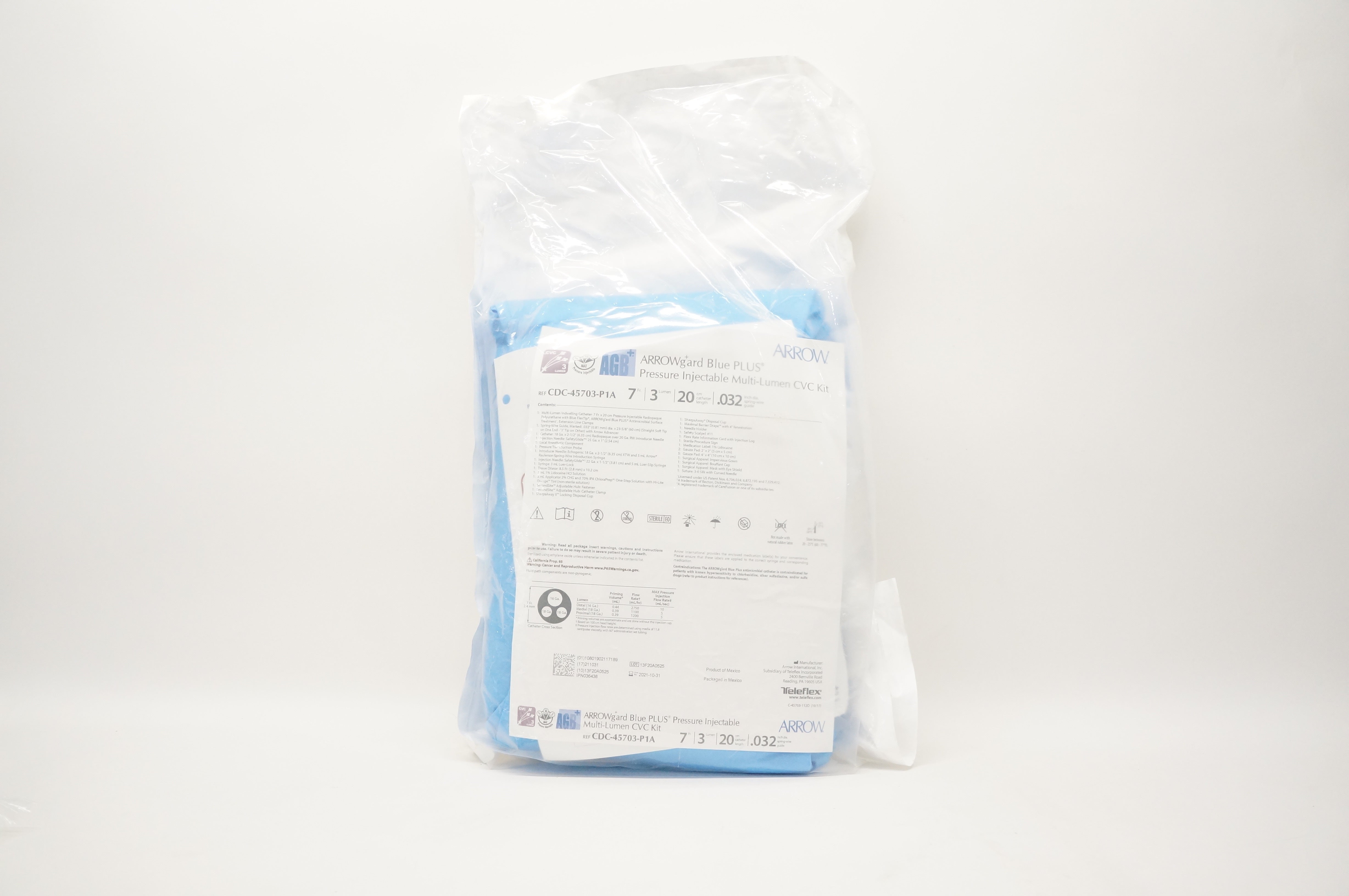 Teleflex CDC-45703-P1A Arrow Pressure Injectable Multi-Lumen CVC Kit 7Frx20cm
