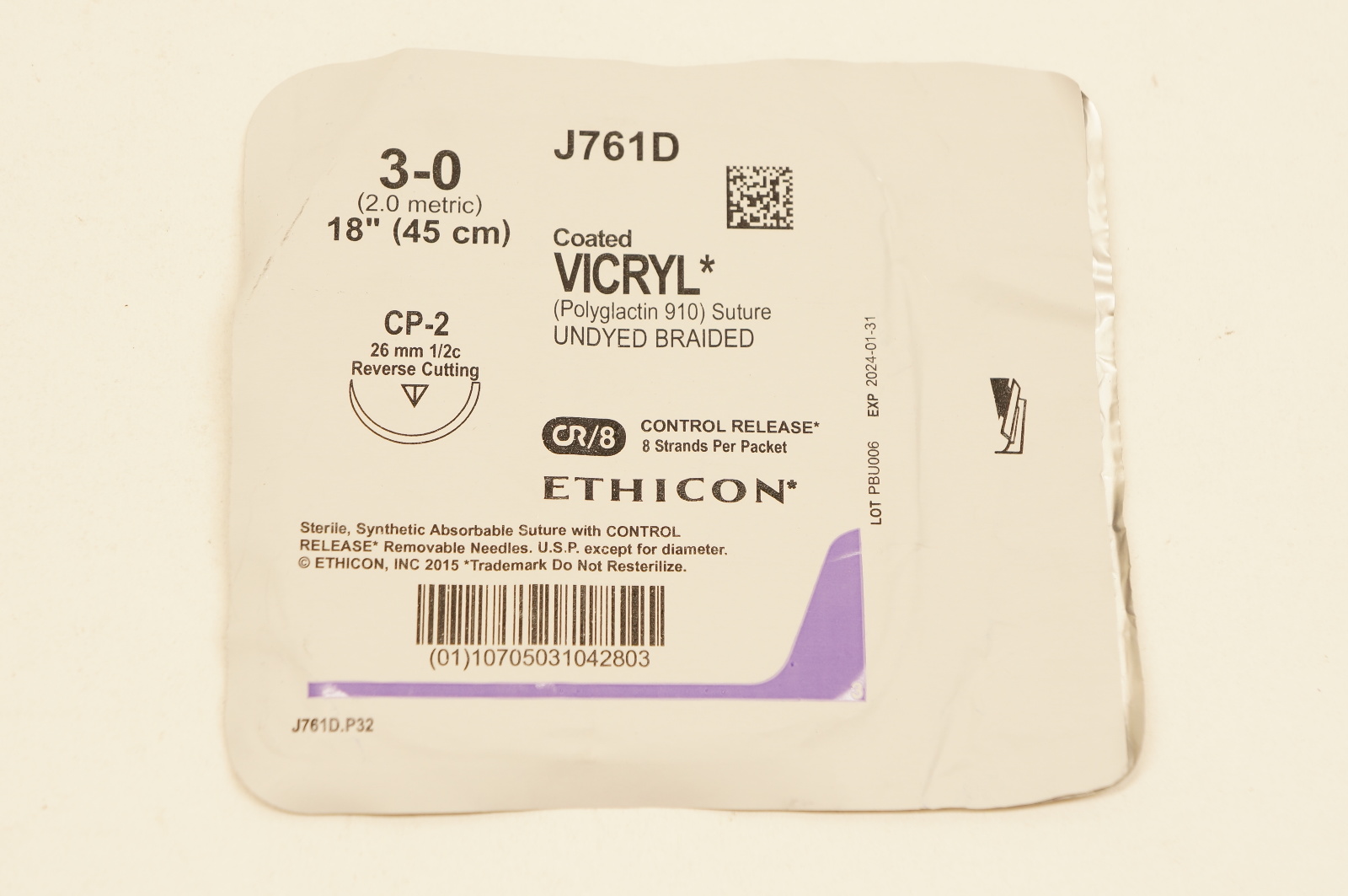 Ethicon J761D 3-0 VICRYL, CP-2, 26mm 1/2c Reverse Cutting, 18inch
