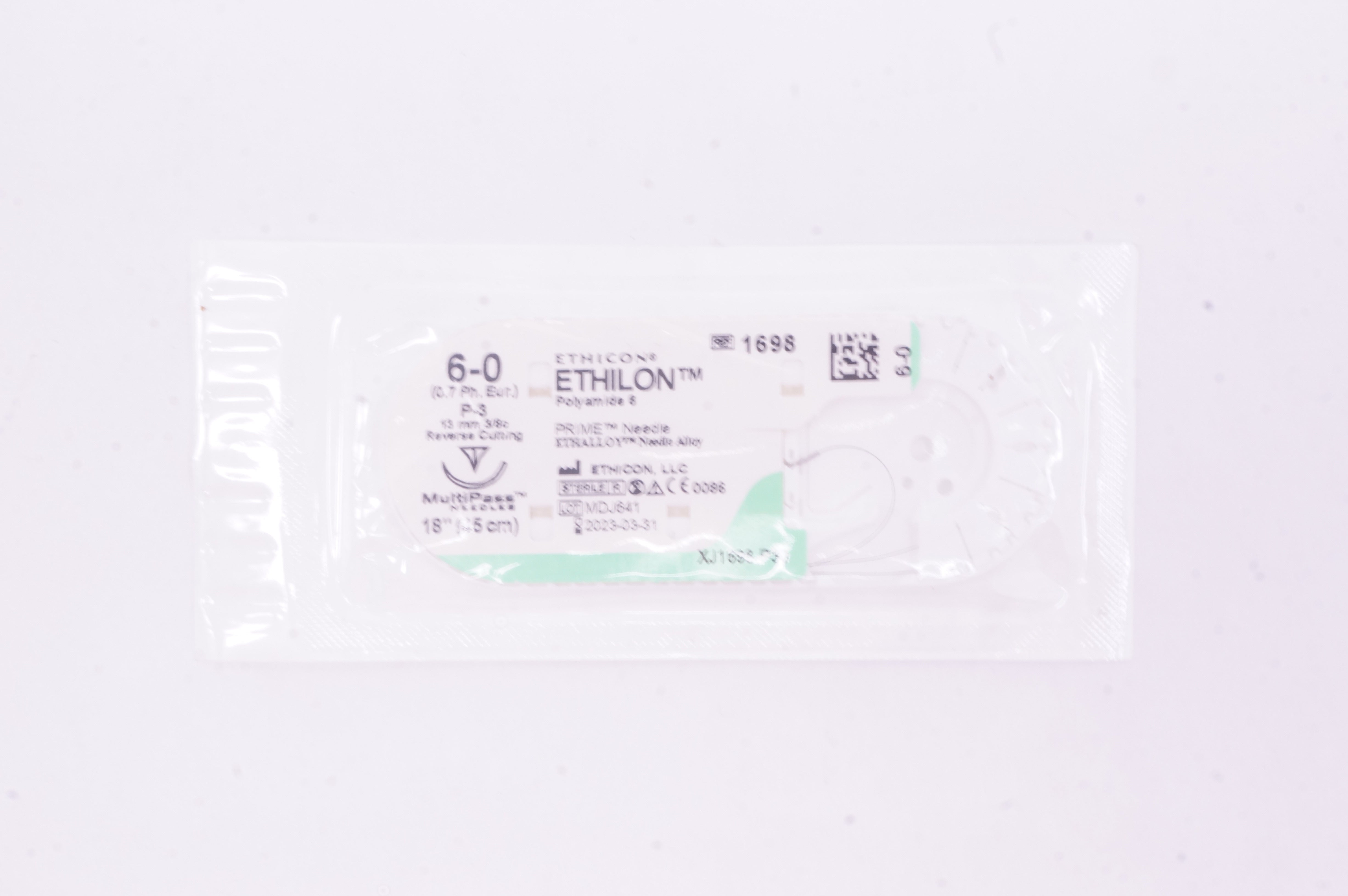 Ethicon 1698 6-0 Ethilon Polyamide 6 Stre P-3 13mm 3/8c Reverse Cutting, 18inch