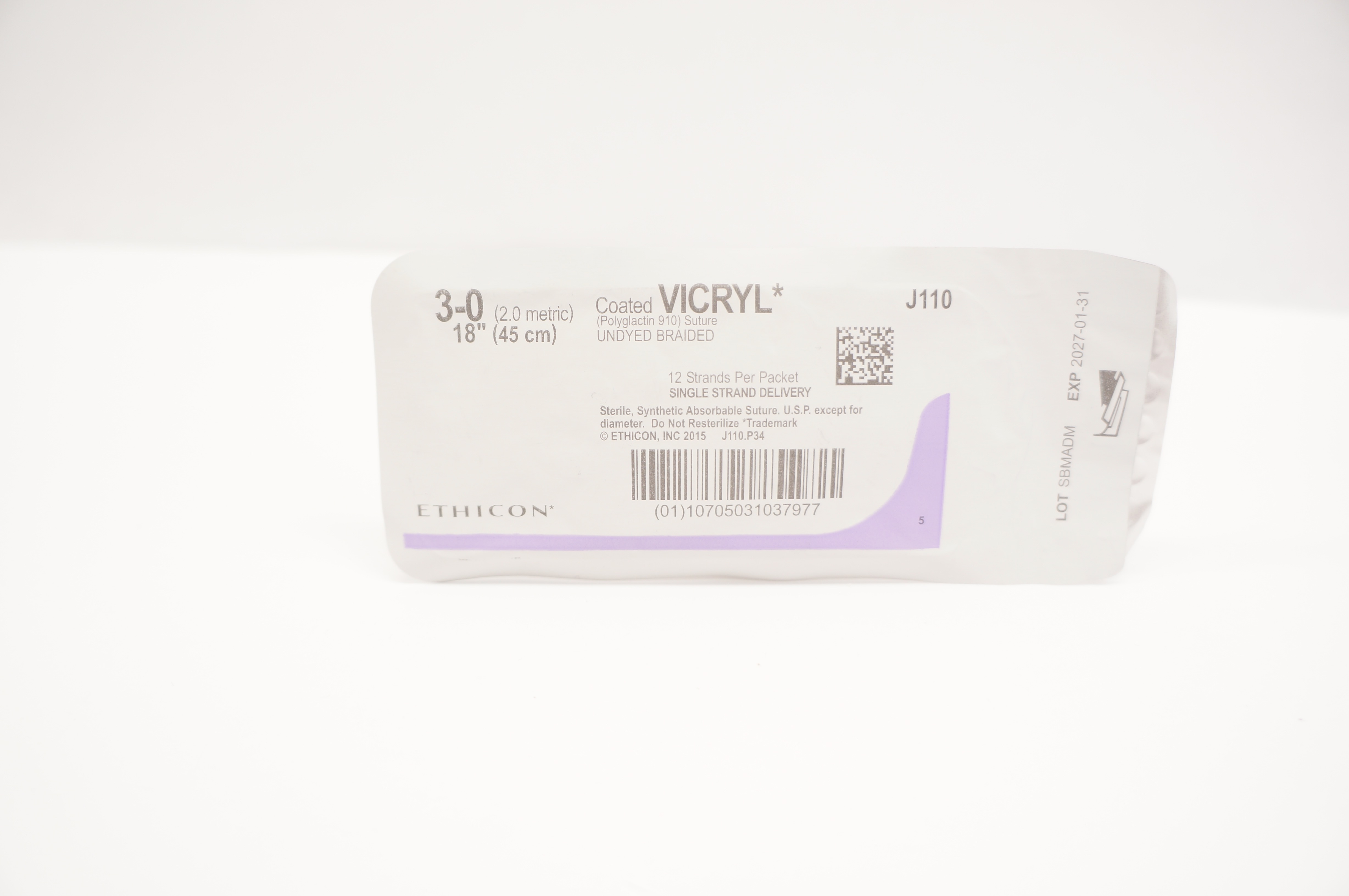 Ethicon J110 3-0 Coated VICRYL Polyglactin 910 Stre Undyed Braided, 18inch