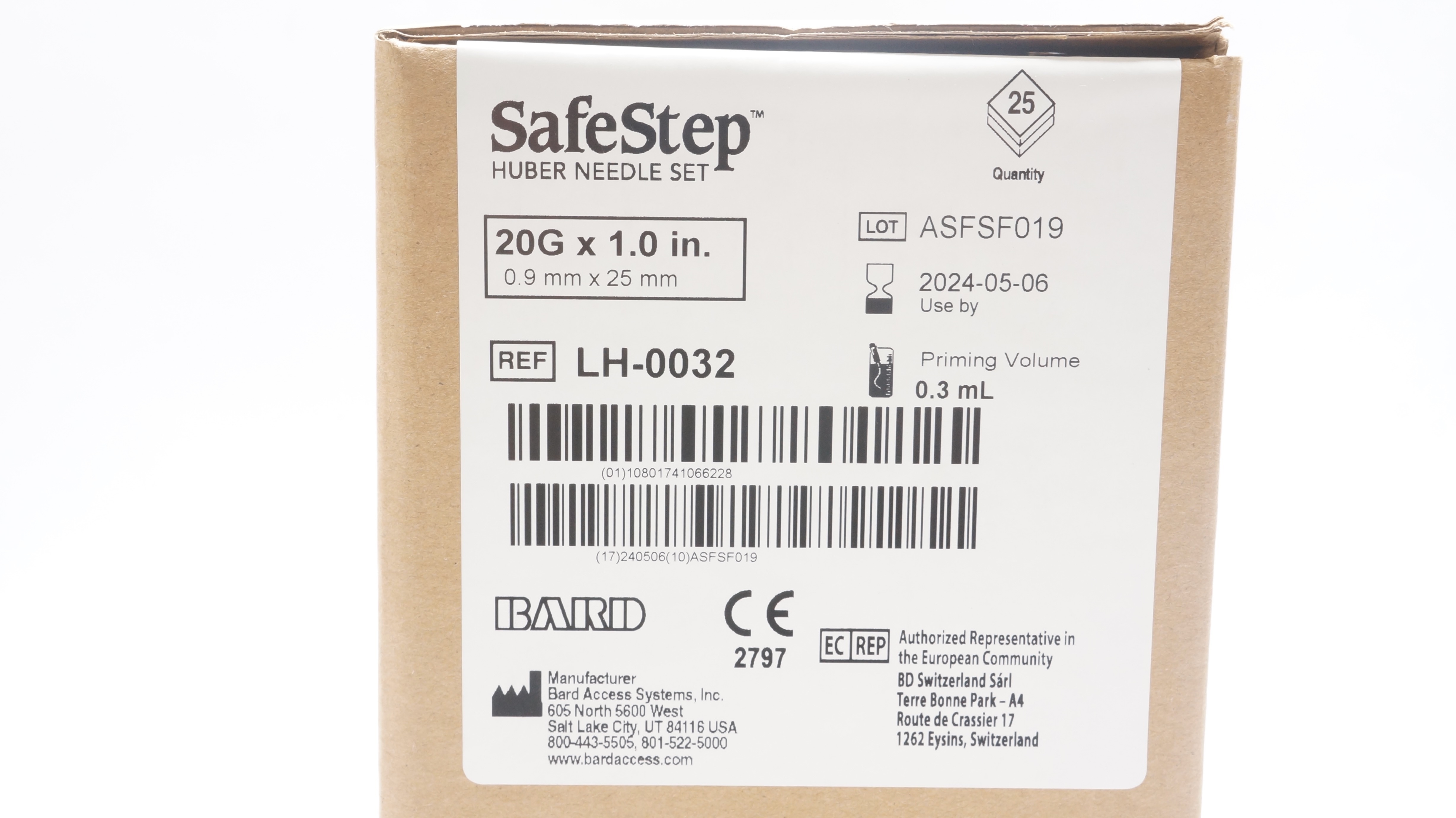 Bard LH-0032 SafeStep Huber Ndle Set 20G x 1.0inch, 0.3mL (x) - Box of 25