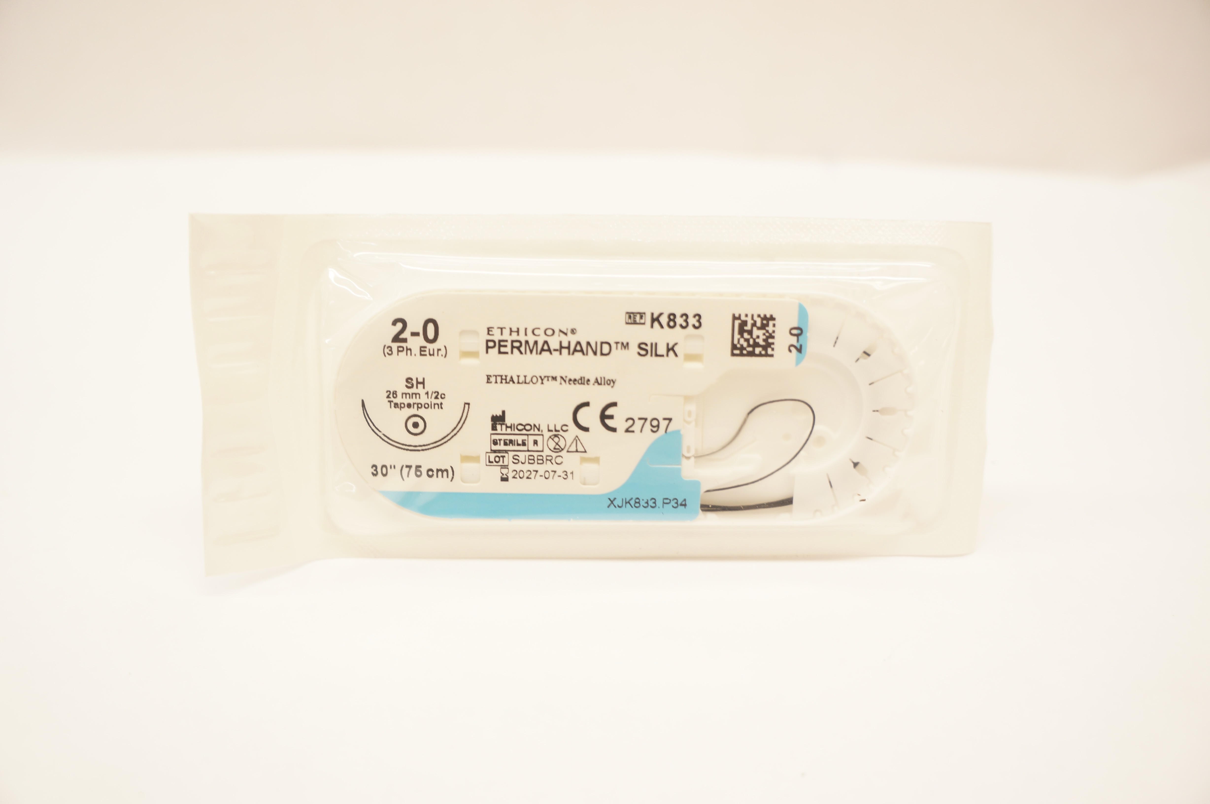 Ethicon K833 2-0 PERMA-HAND SILK Stre, SH 26mm 1/2c Taperpoint, 30inch
