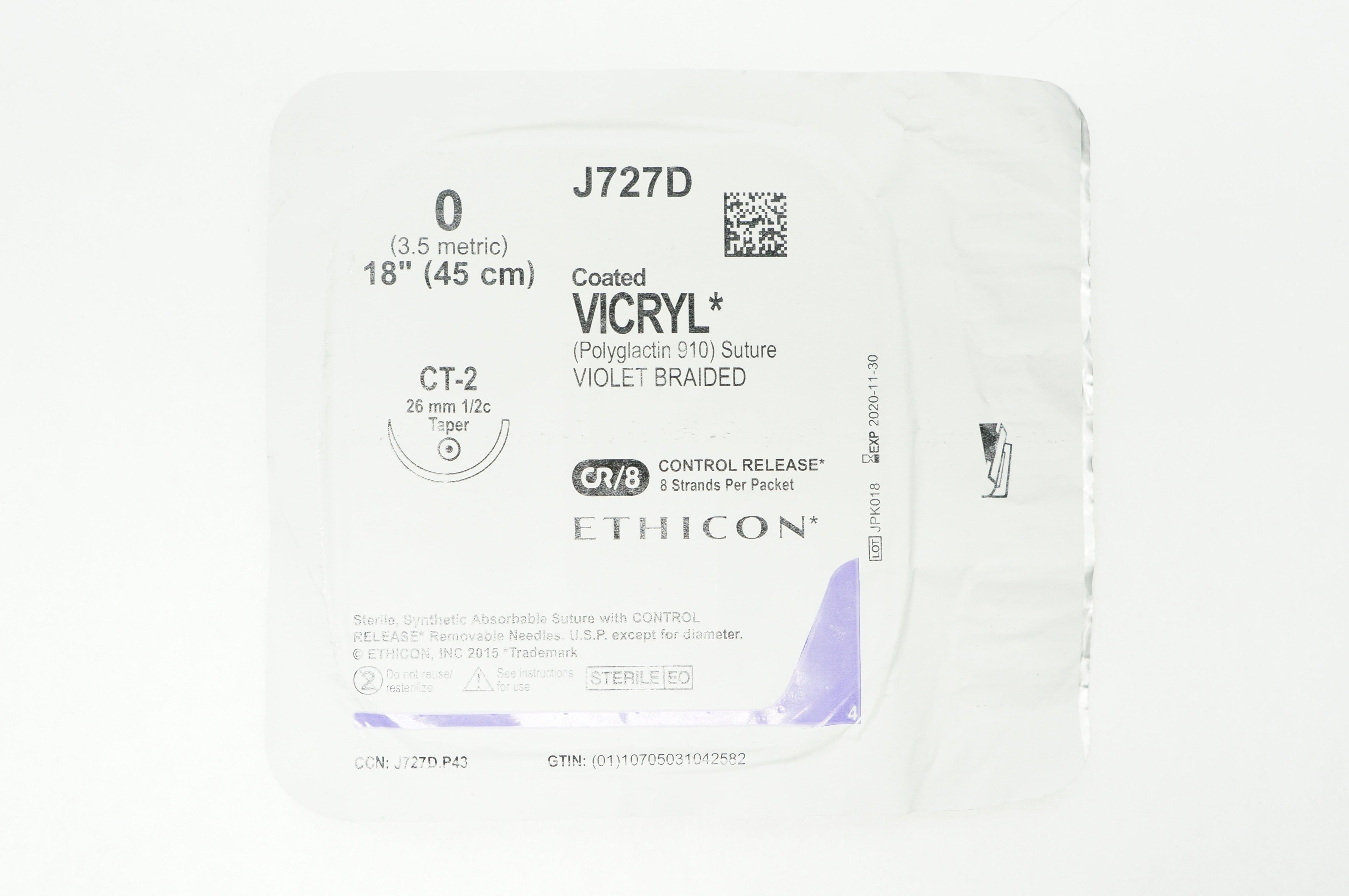 Ethicon J727D 0 VICRYL CT-2, 26mm 1/2c Taper, 18inch (x)