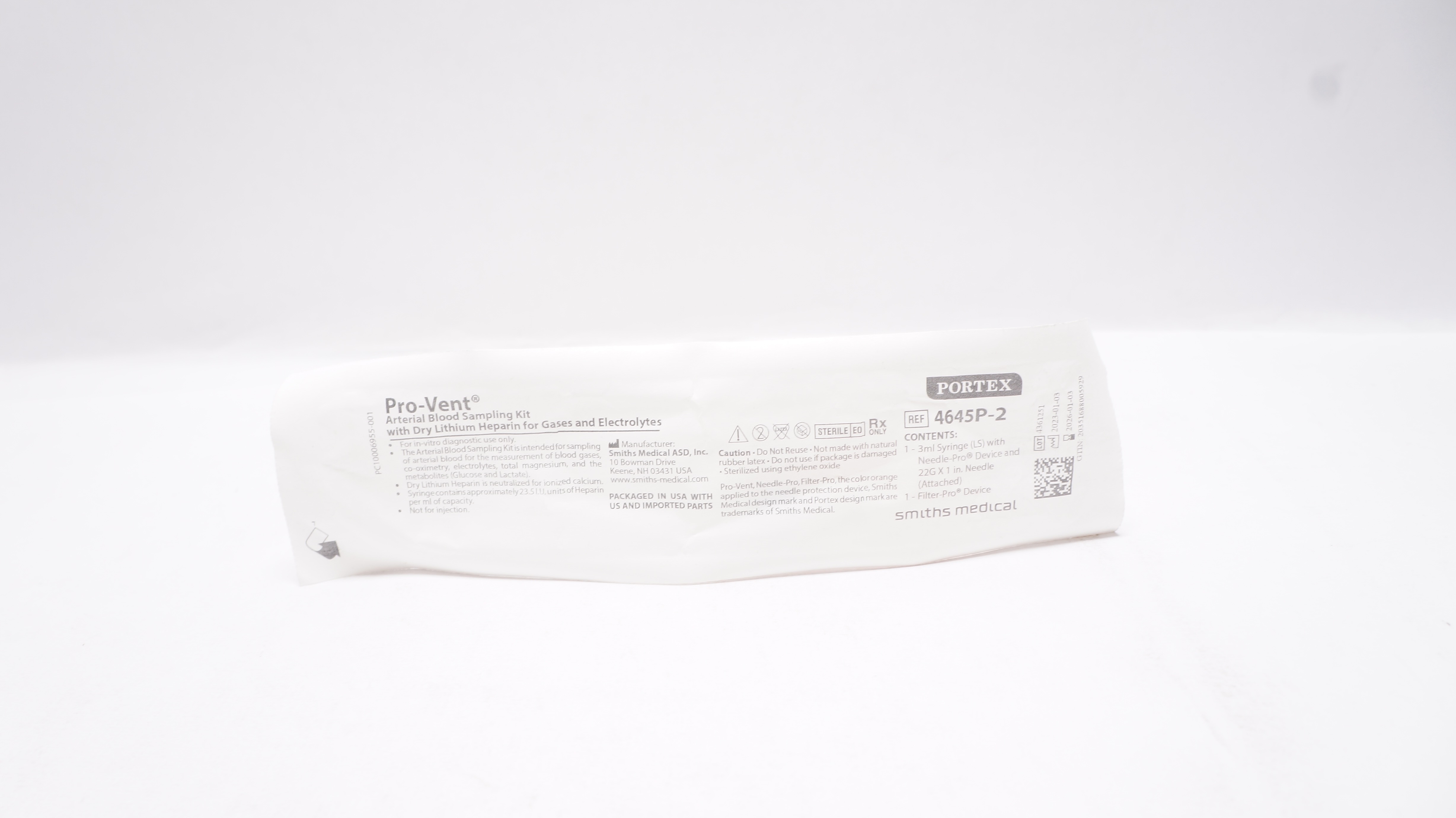 Smiths Medical 4645P-2 Portex Pro-Vent Arterial Blood Sampling Kit