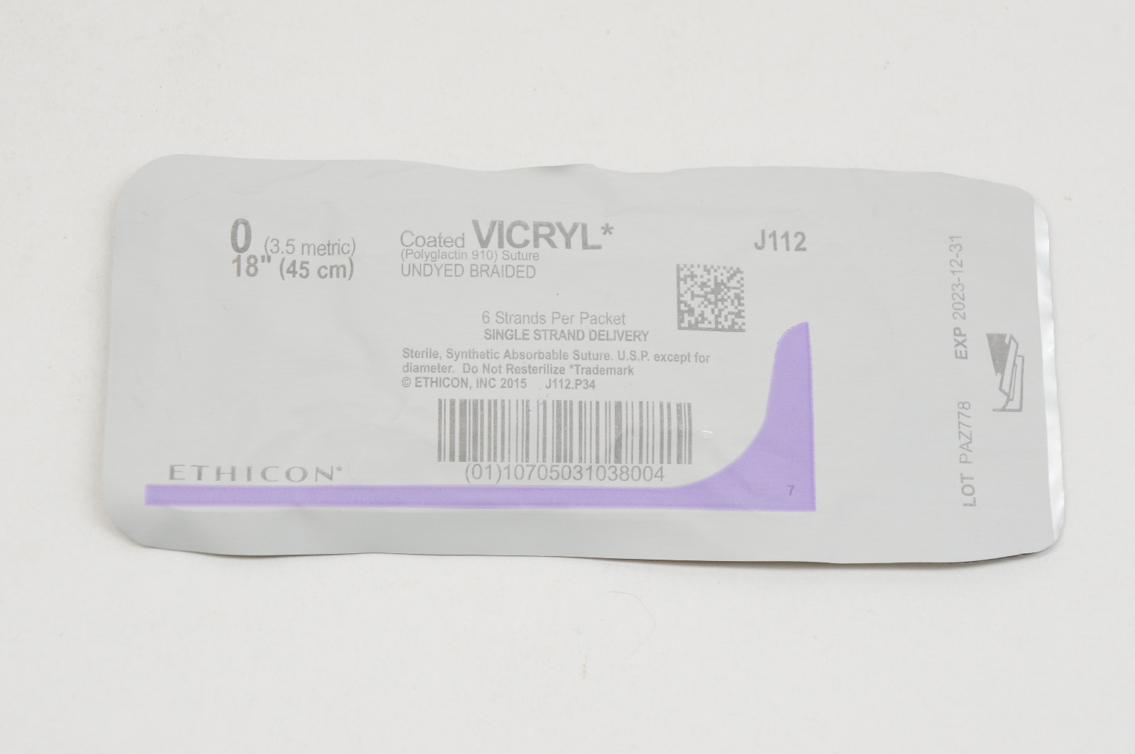 Ethicon J112 0 VICRYL, Undyed Braided, 18inch
