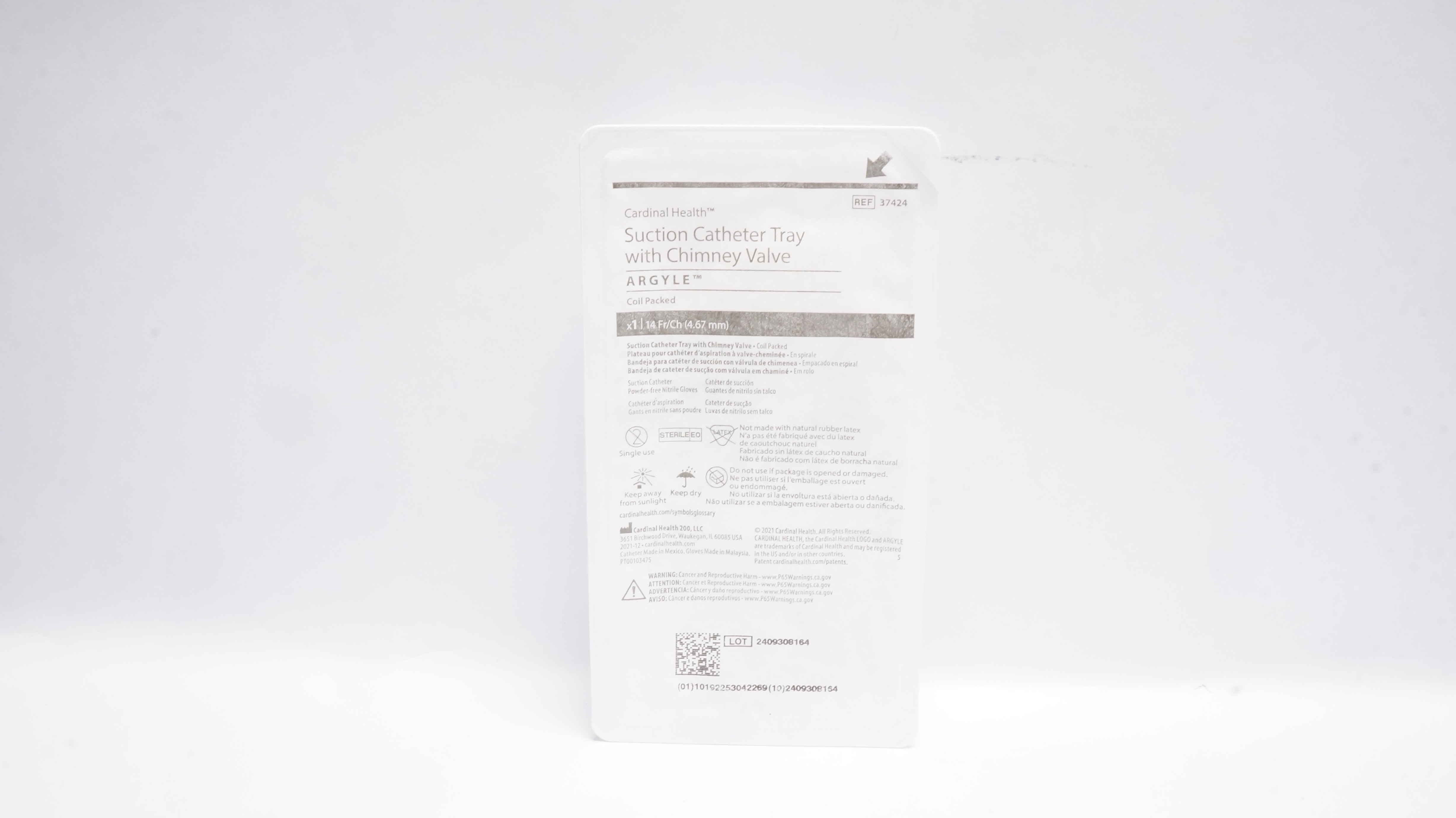 Cardinal Health 37424 Suction Cath. Tray W/Chimney Valve Argyle 14FR/Ch