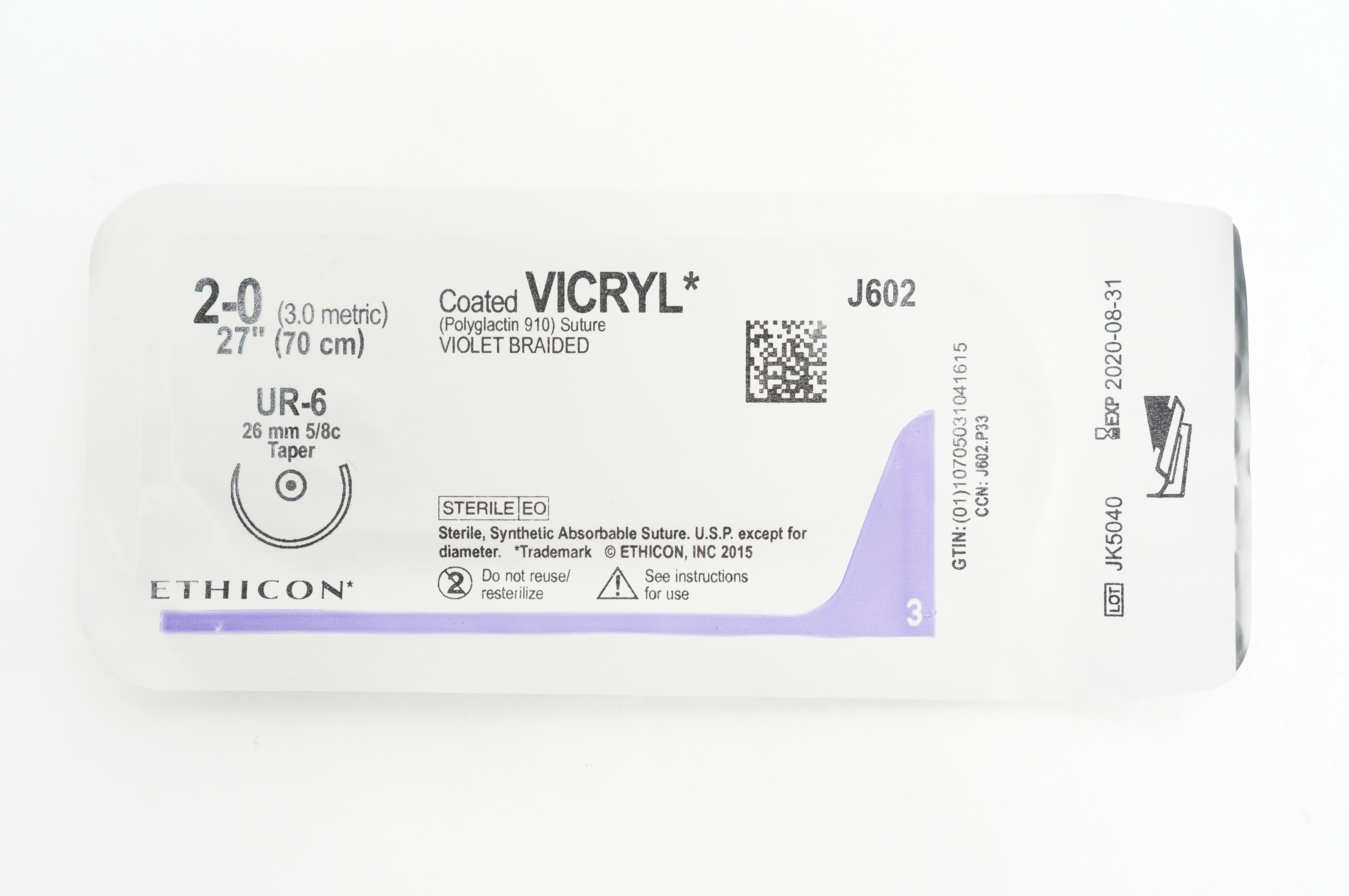 Ethicon J602 2-0 Coated VICRYL UR-6 26mm 5/8c Taper 27inch (x)