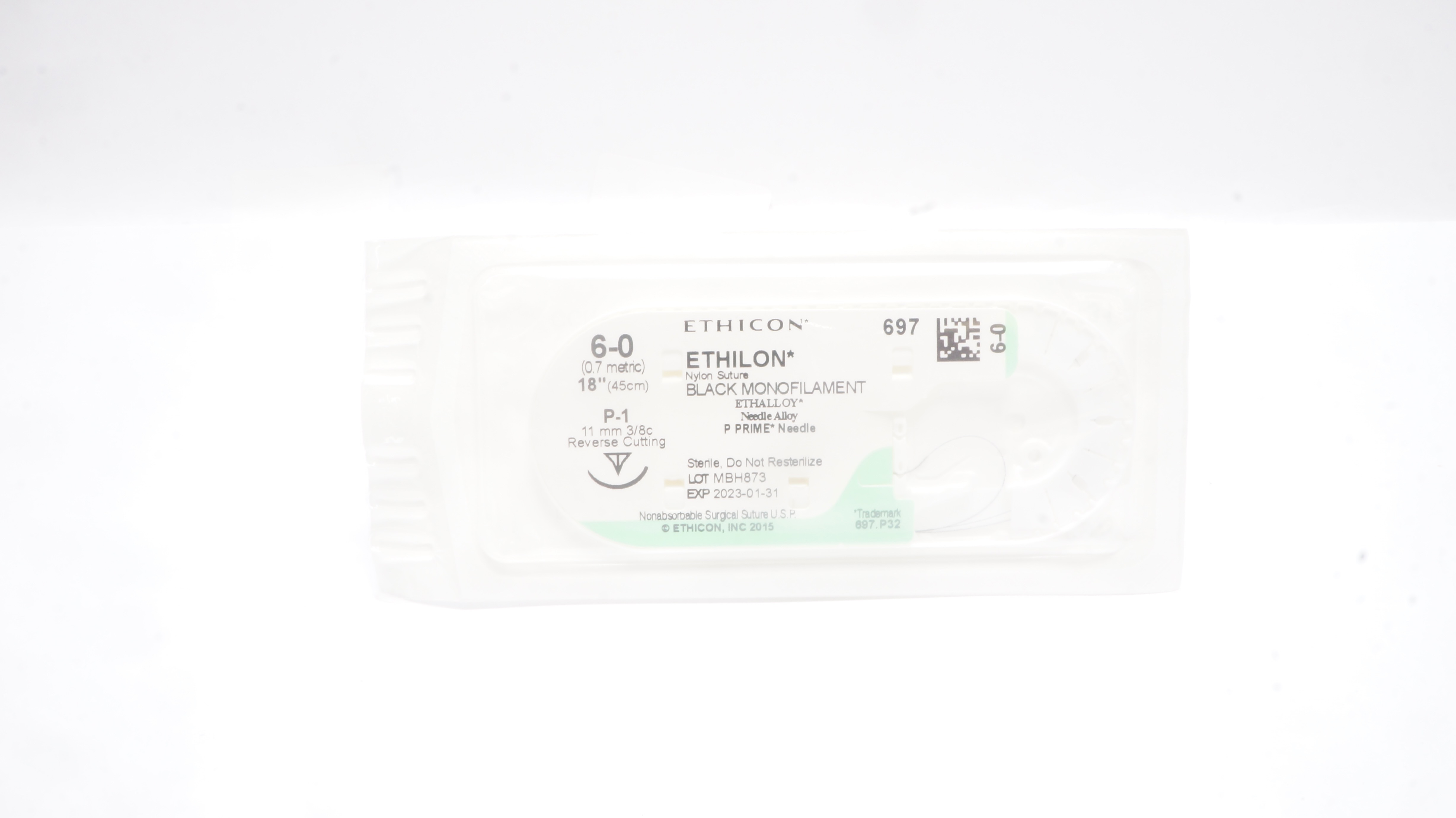 Ethicon 697 6-0 ETHILON Nylon Stre P-1 11 3/8c Reverse Cutting 18inch (x)
