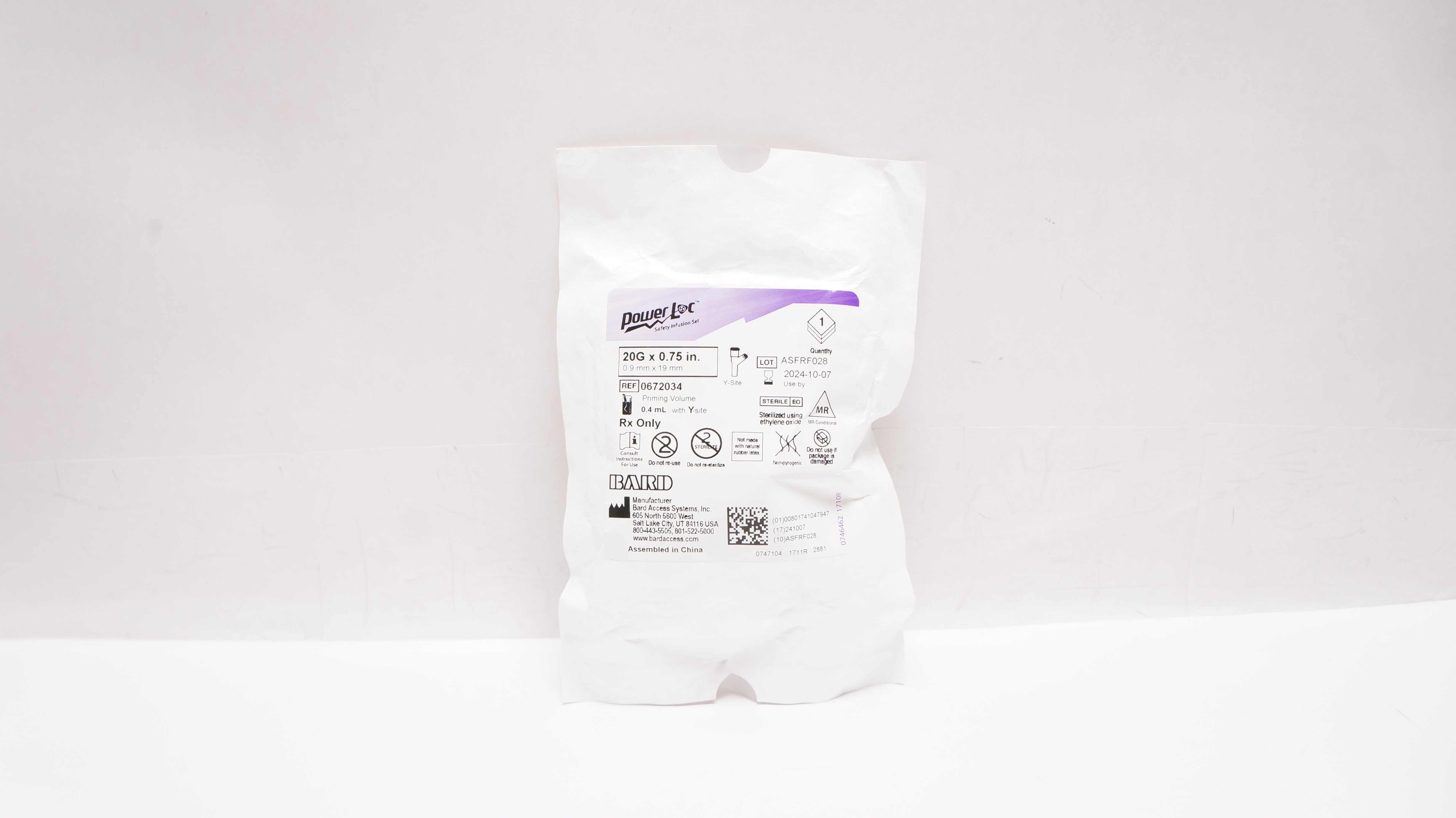 Bard 0672034 Power Loc Safety Infusion Set 20G x 0.75inch Priming Volume 0.4 mL