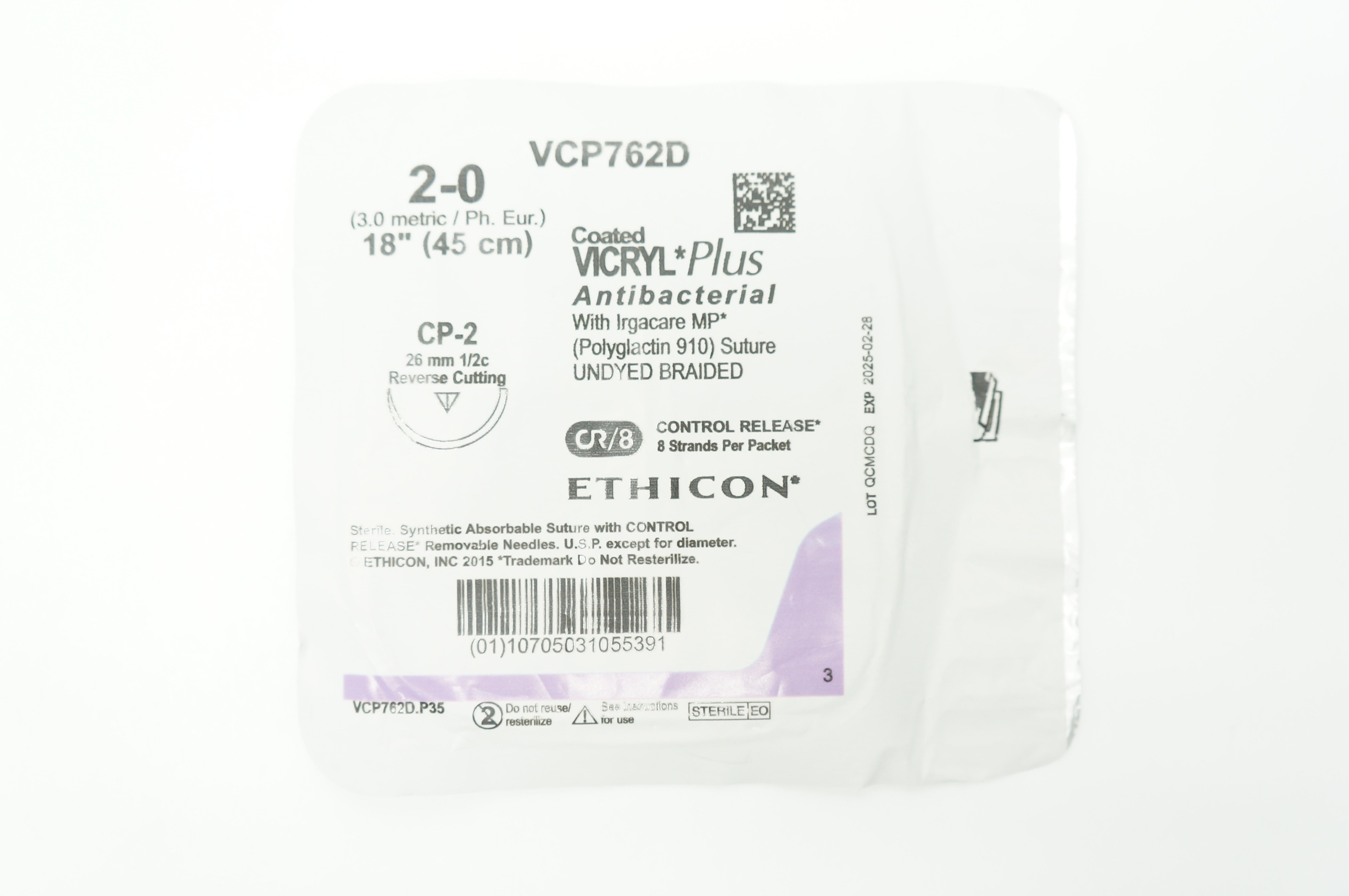 Ethicon VCP762D 2-0 VICRYL Plus CP-2 26mm 1/2c 18inch