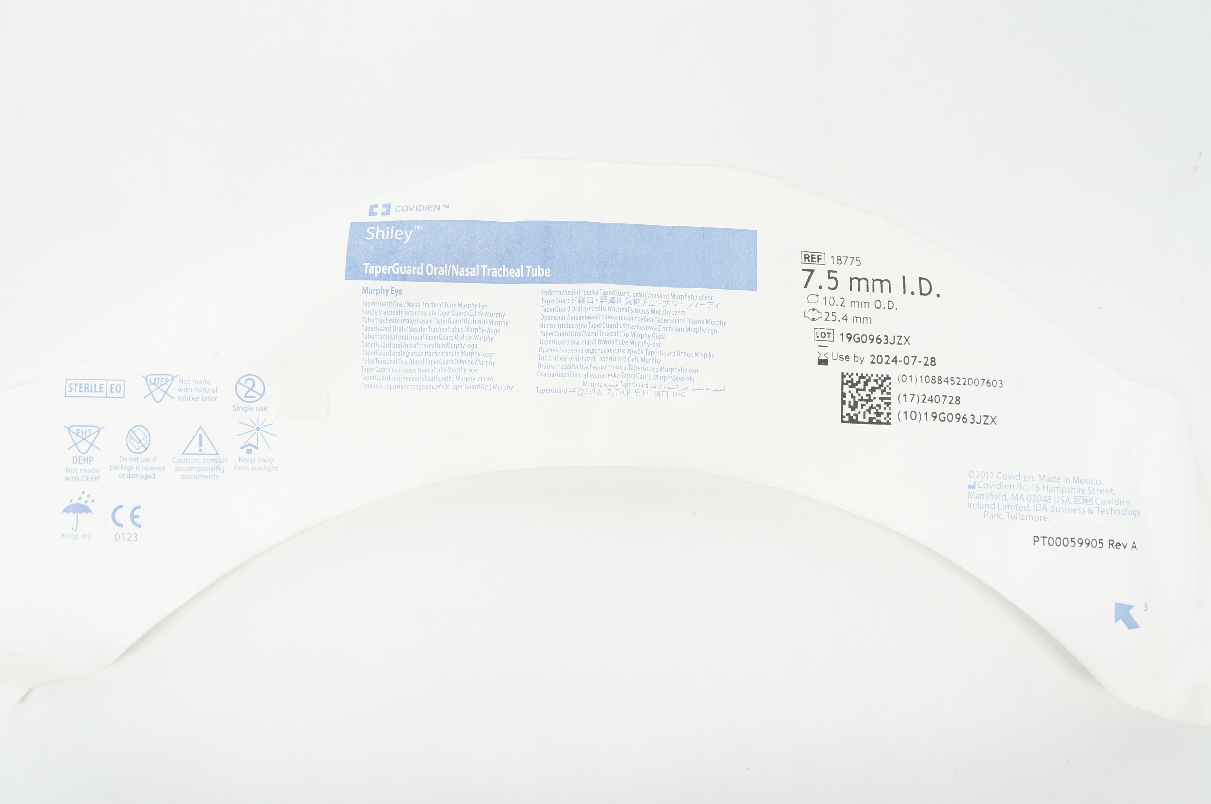 Covidien 18775 Shiley TaperGuard Oral/Nasal Tracheal Tube 7.5mm ID, 10.2mm OD