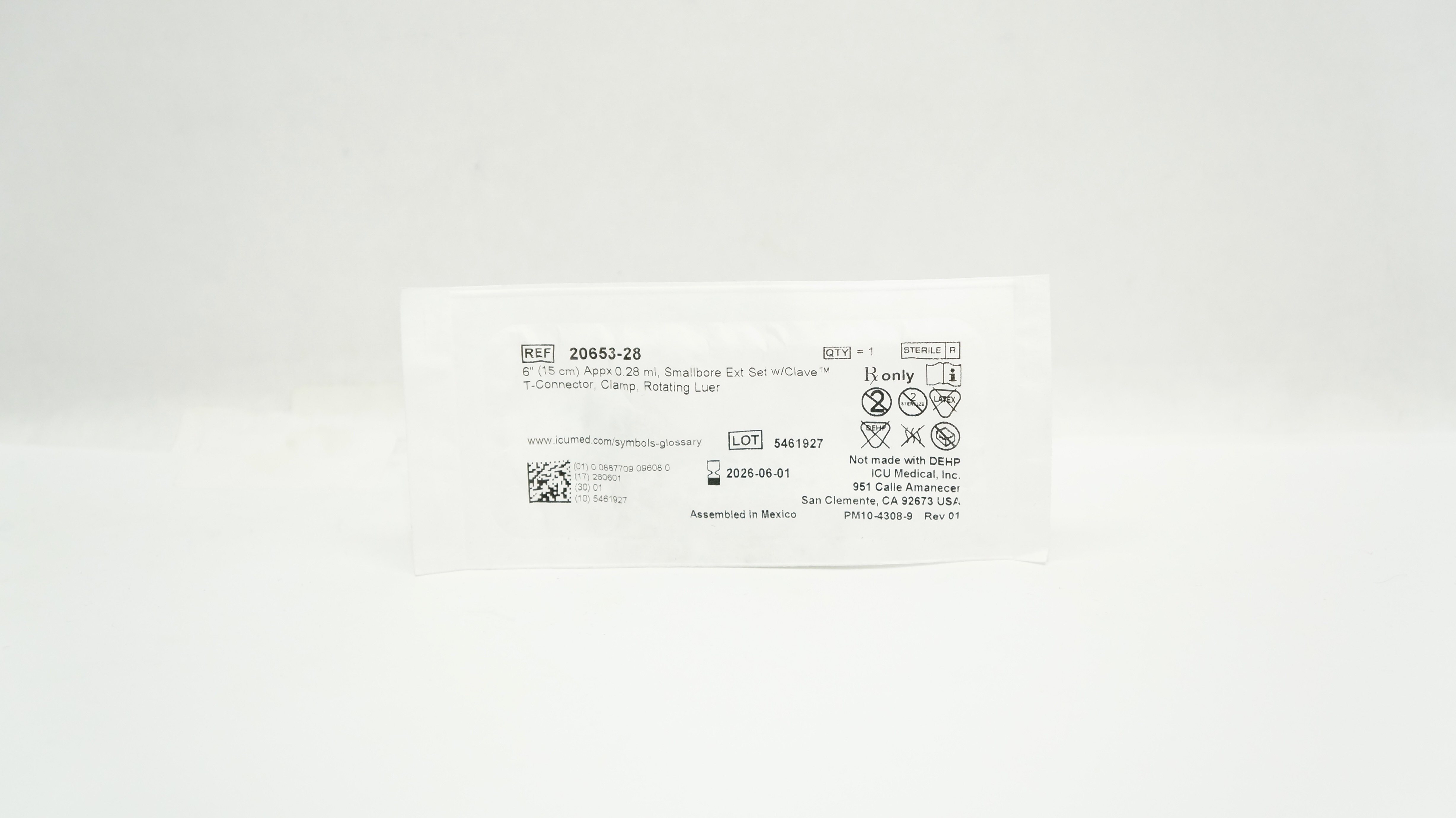 ICU Medical 20653-28 Smallbore Extension Set W/ Clave T-connector 6inch