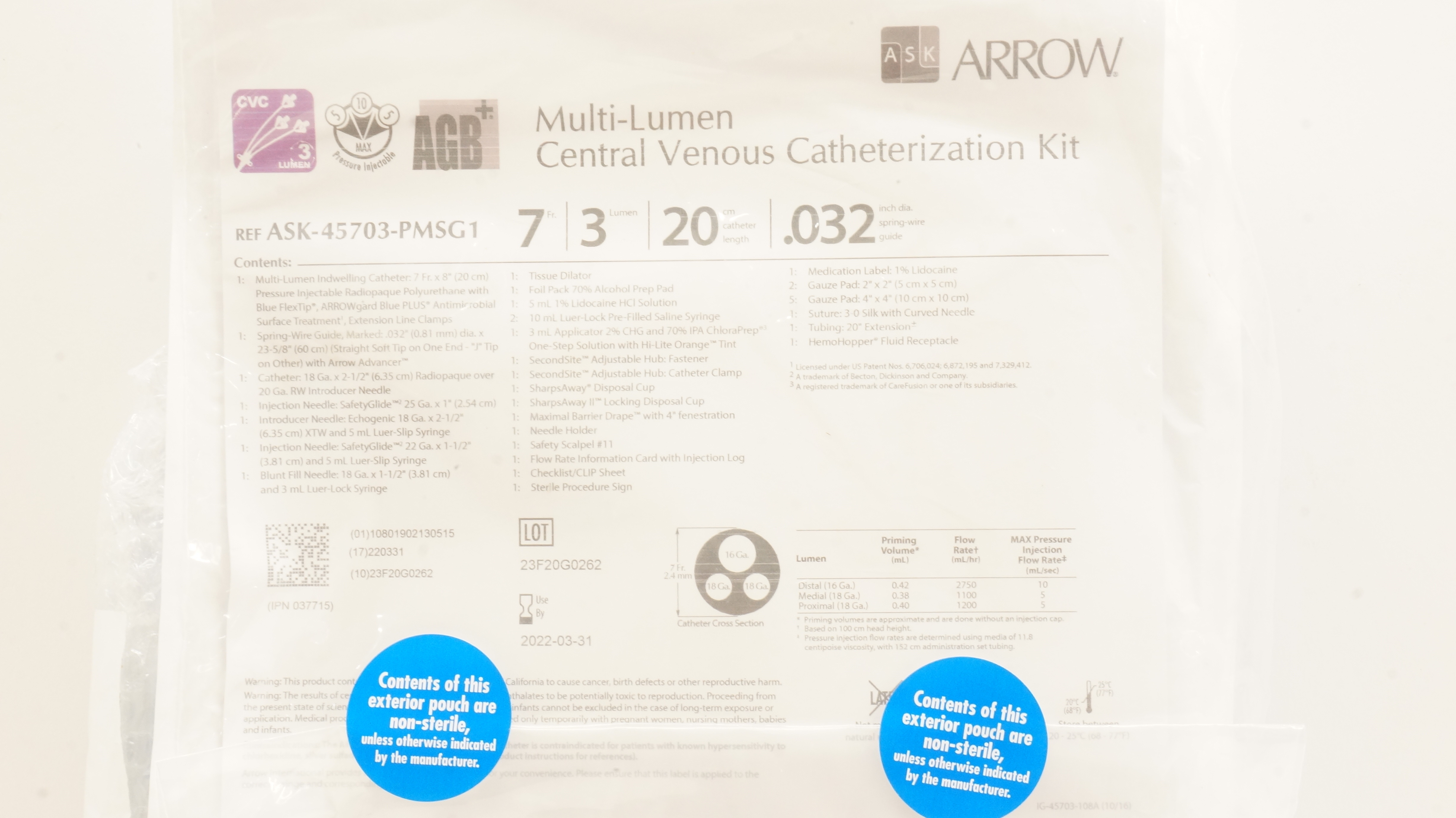 Arrow ASK-45703-PMSG1 Multi-Lumen Central Venous Catheterization Kit 7Fr.