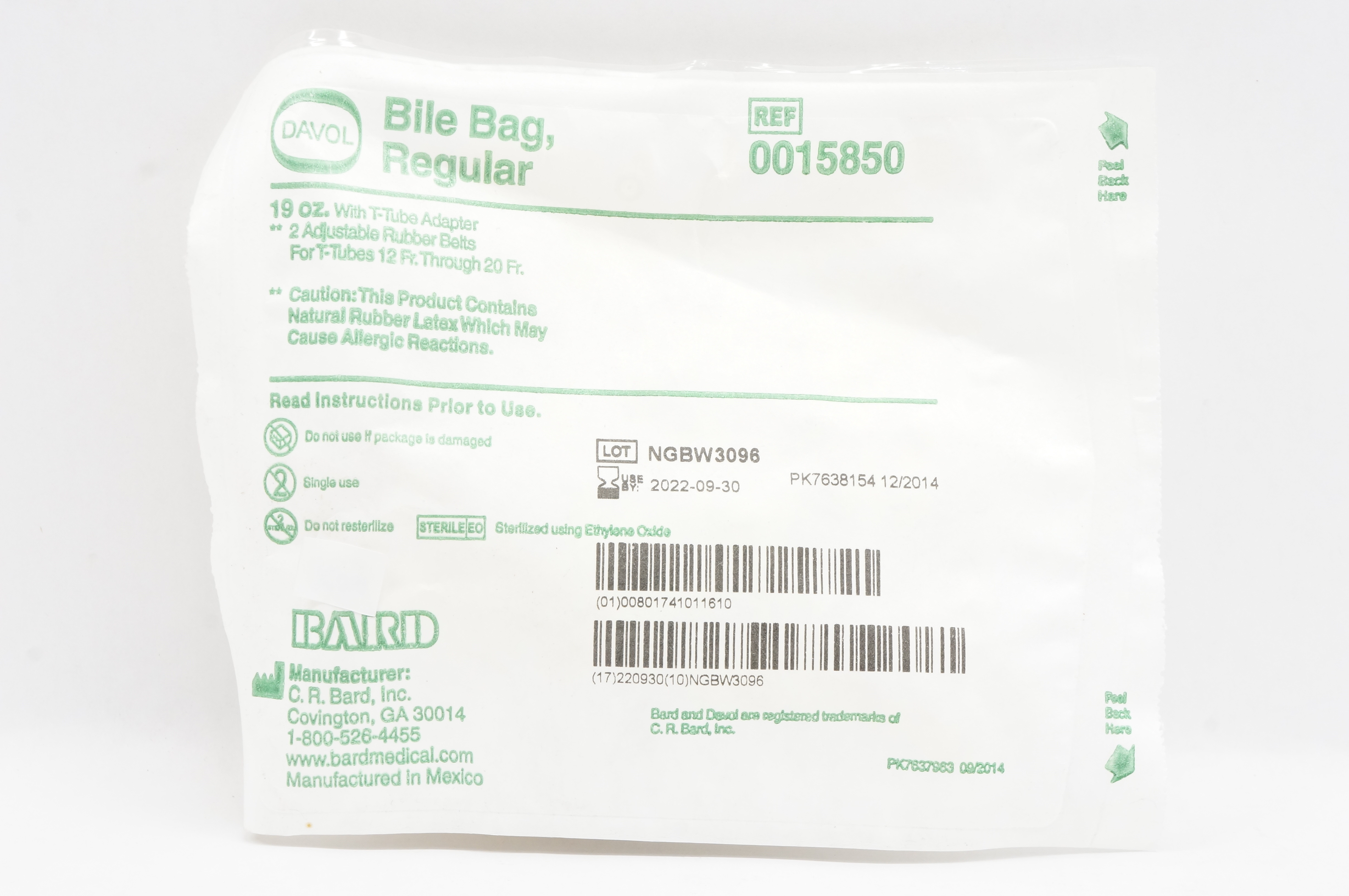 Bard 0015850 Davol Bile Bag Regular 19 oz. With T-Tube Adapter