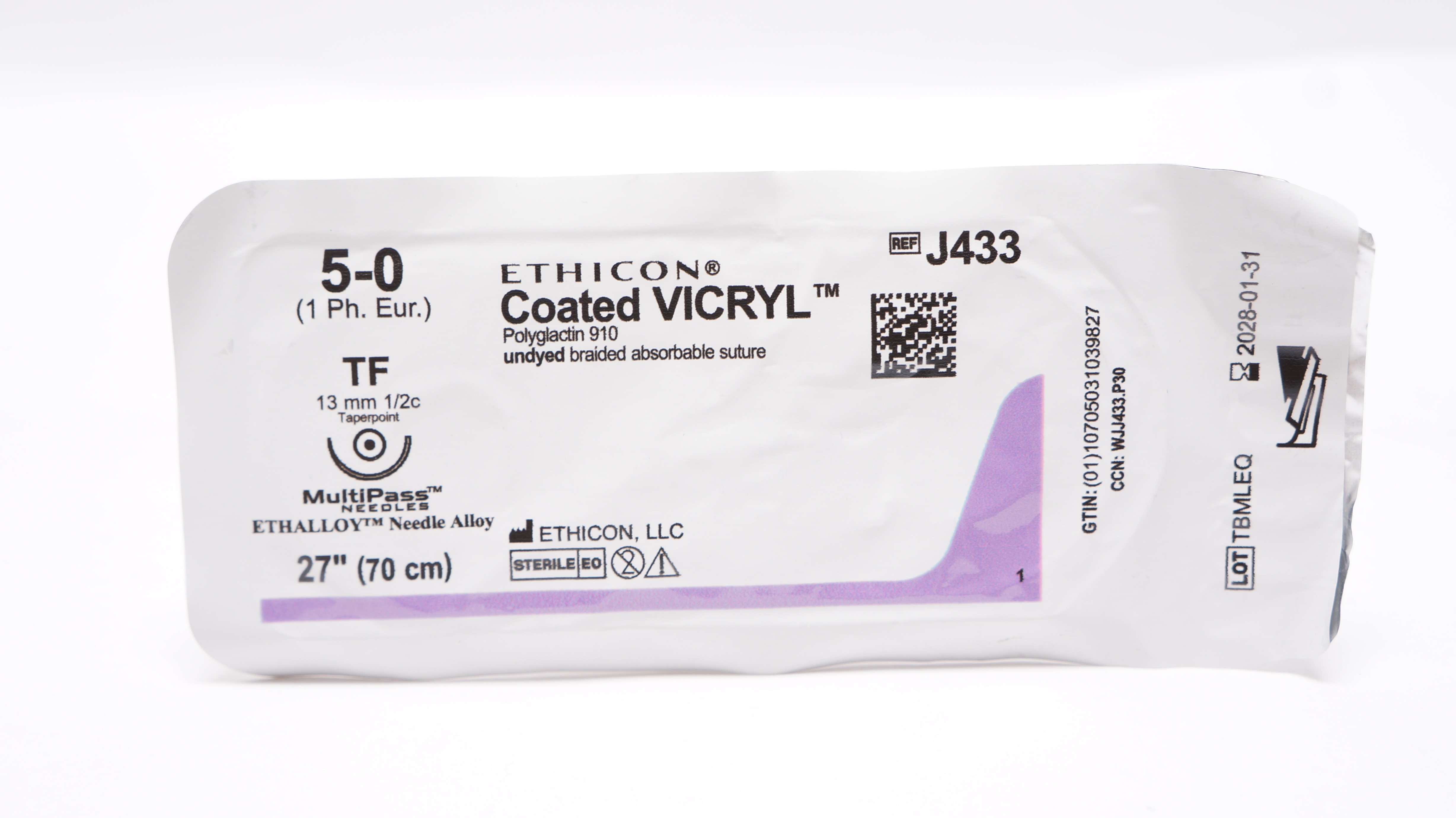 Ethicon J433 5-0 Coated VICRYL Stre TF 13mm 1/2c Taperpoint, 27inch