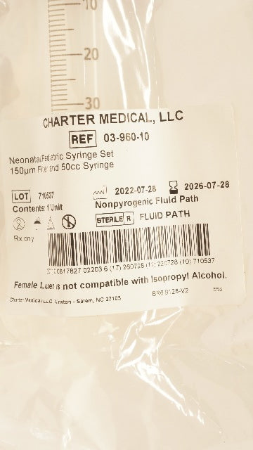 Charter Medical 03-960-10 Neonatal/Pediatric 50cc Syringe Set and 150µm Filter