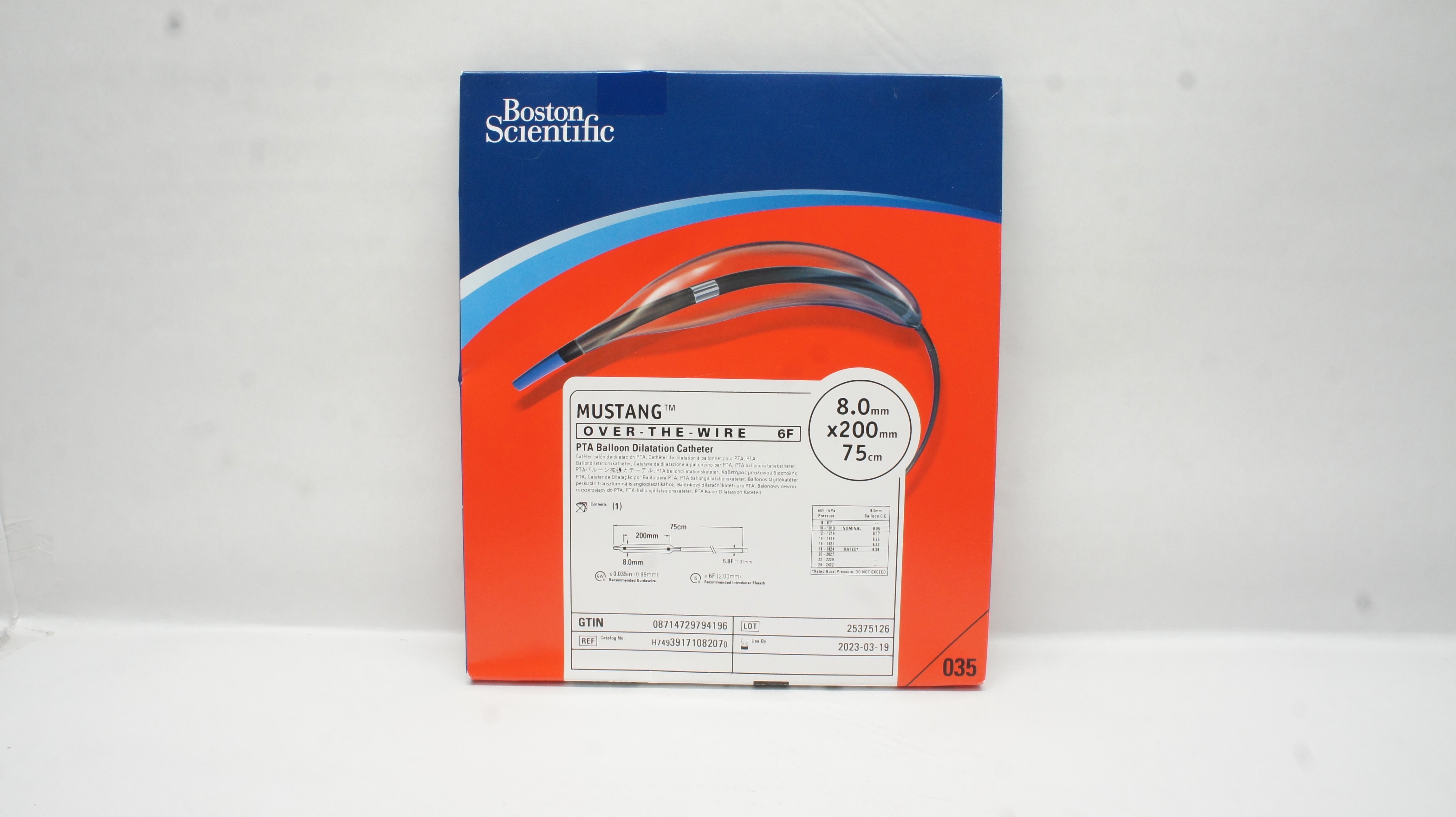 Boston Scientific 3917108207 Mustang Dilatation Cath.,6F, 8.0 x 200mm x 75cm (x)