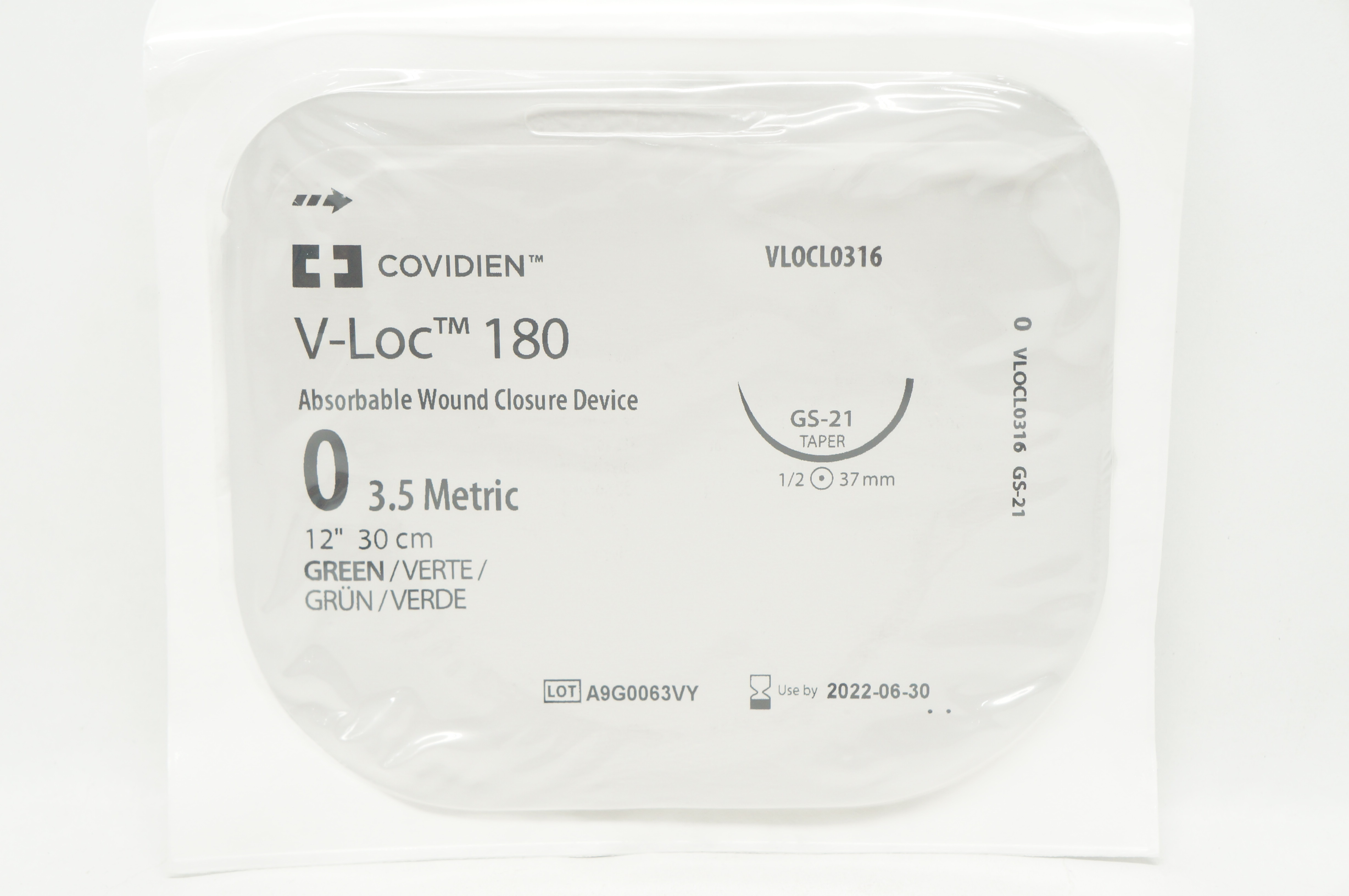 Covidien VLOCL0316 0 V-Loc 180 Wound Closure Device, GS-21 Taper 1/2 37mm 12inch