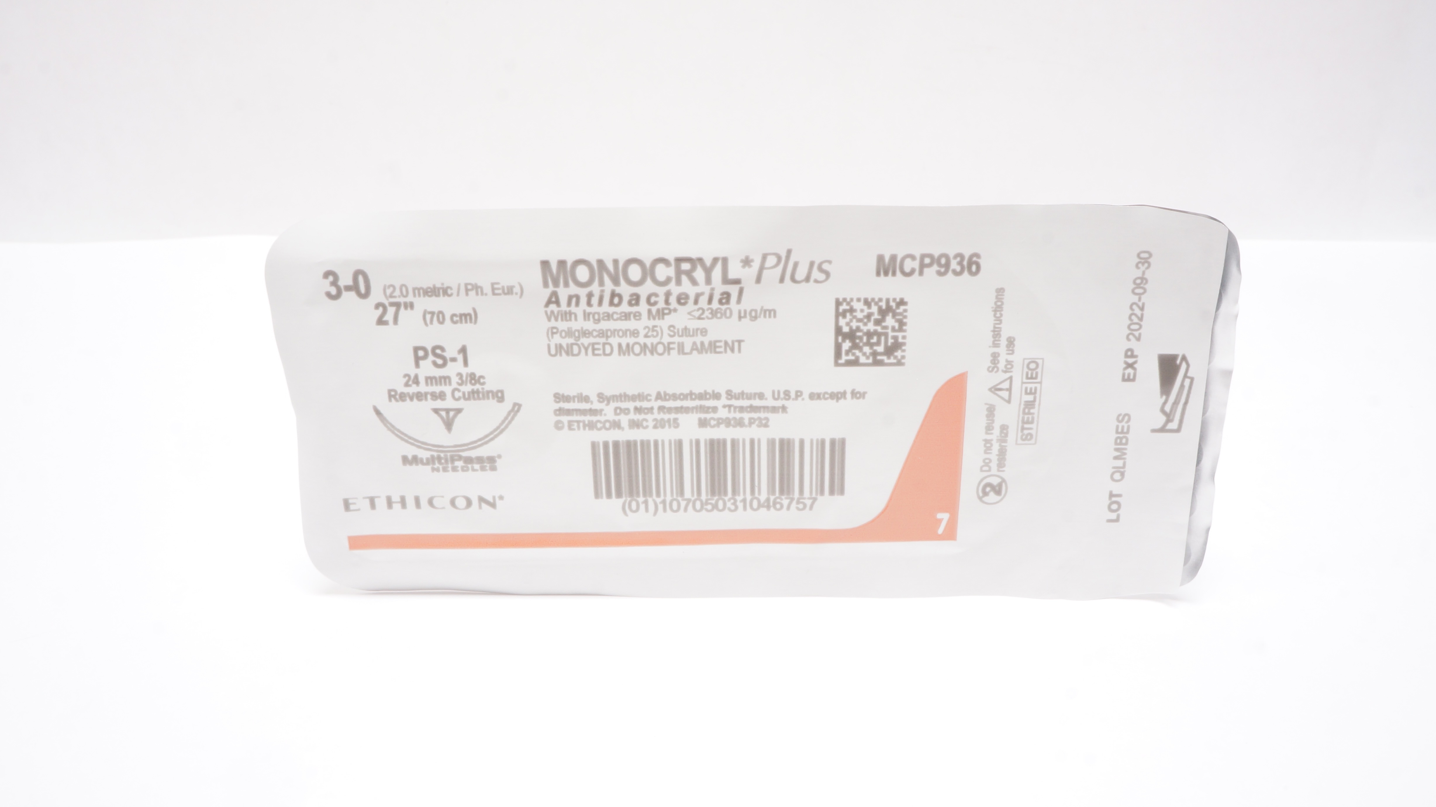 Ethicon MCP936 3-0 Monocryl Plus Stre PS-1 24mm 3/8c Reverse Cutting 27inch (x)