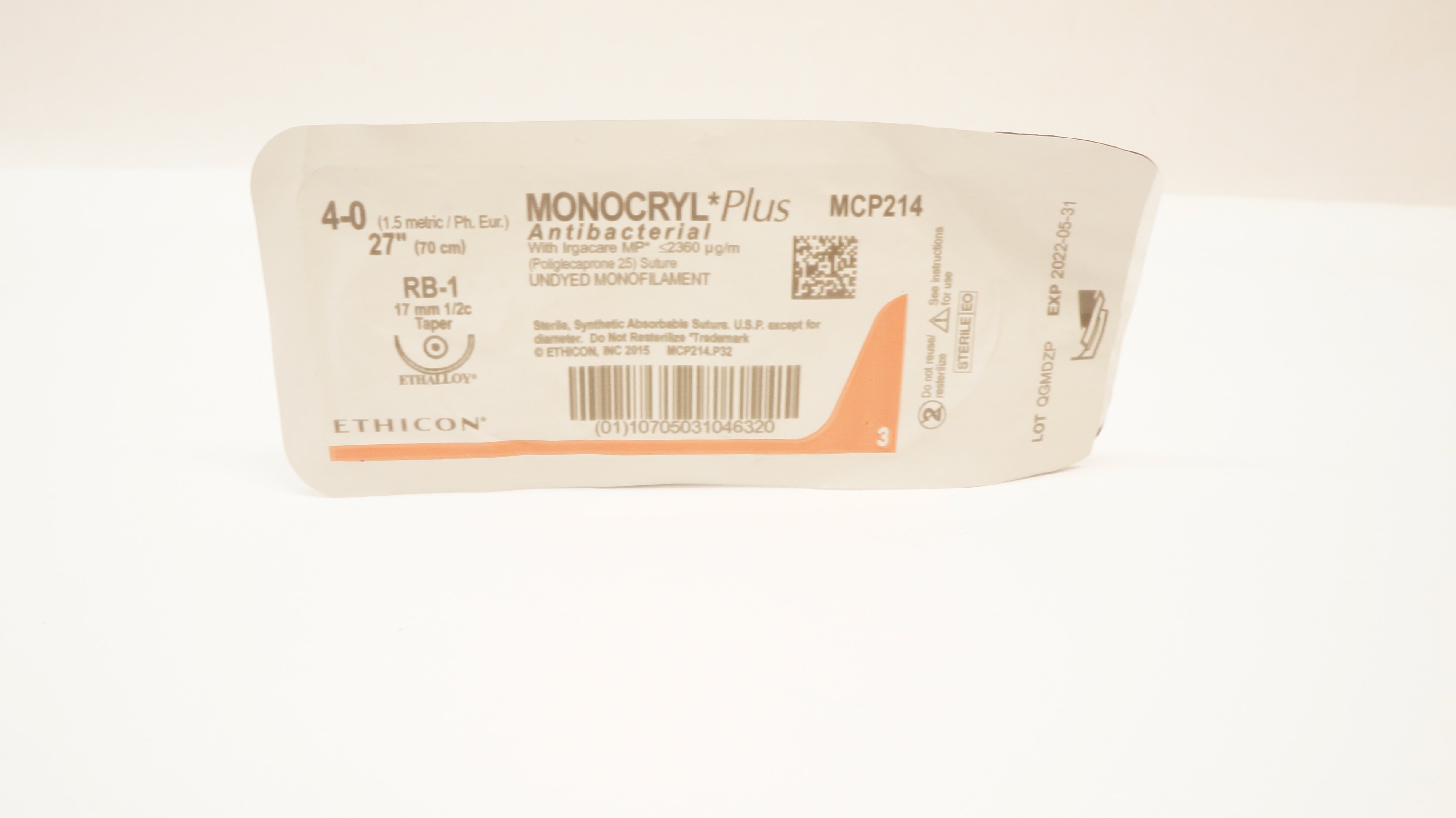 Ethicon MCP214 4-0 Monocryl Plus Antibacterial RB-1 17mm 1/2c Taper, 27inch (x)