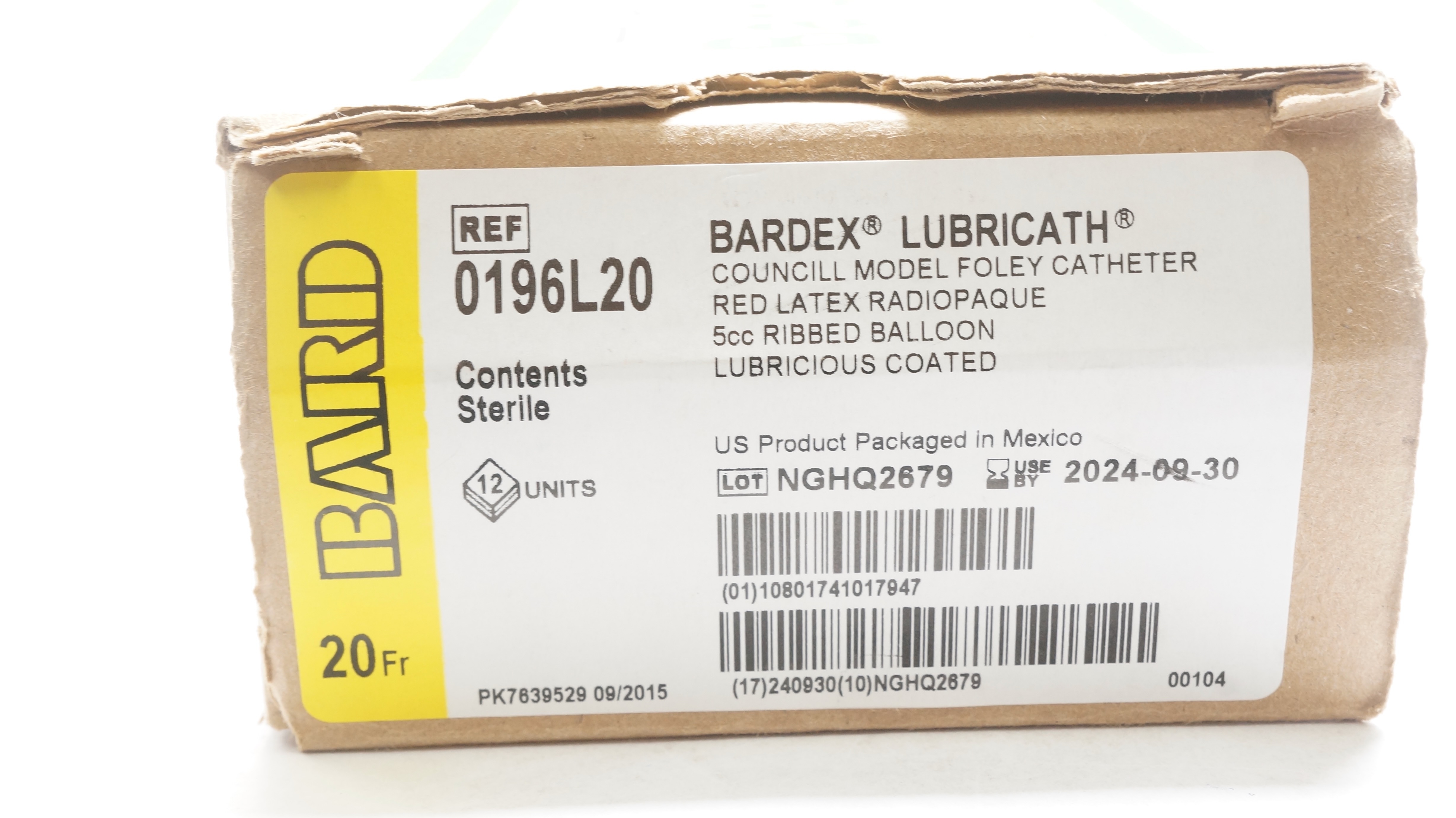 Bard 0196L20 Bardex Foley Cath. 20Fr. 5cc Ribbed Balloon (x) - Box of 12