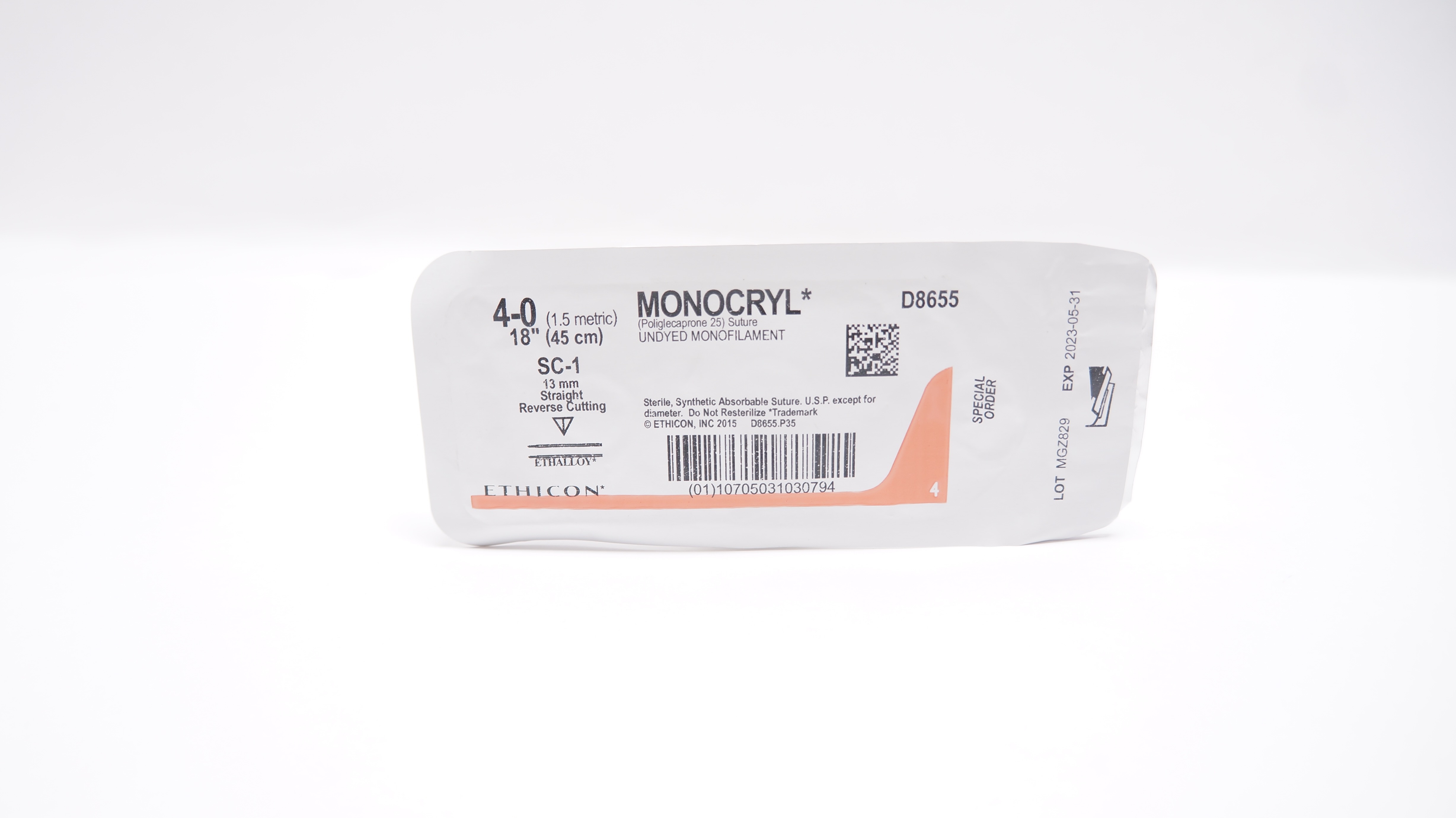 Ethicon D8655 4-0 Monocryl, SC-1, 13mm Straight Reverse Cutting, 18inch (x)