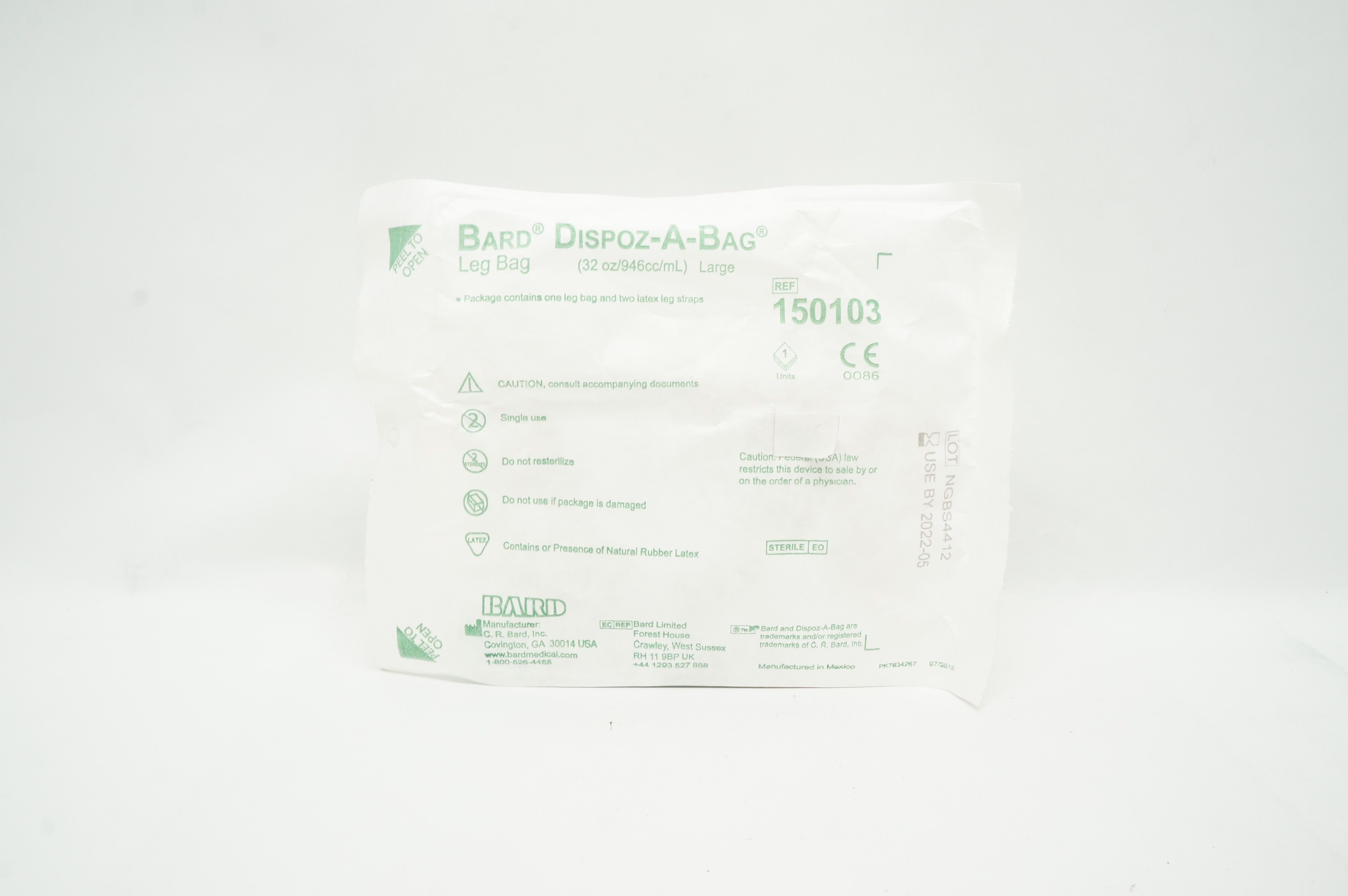 Bard 150103 Dispoz-A-Bag Leg Bag, Large 32oz/946cc/mL