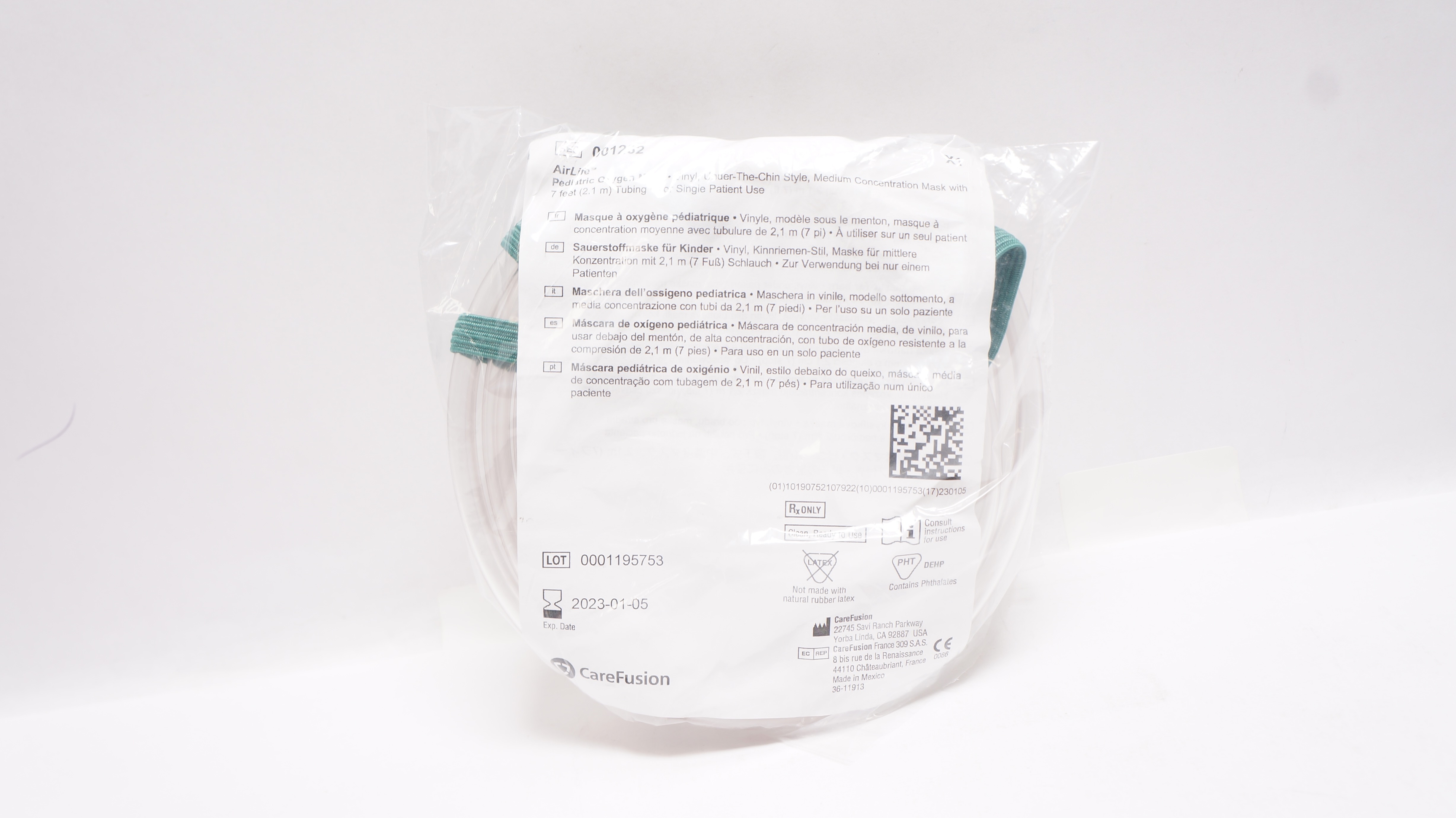 CareFusion 001262 AirLife Pediatric Oxygen Mask Vinyl with 7Ft. Tubing (x)