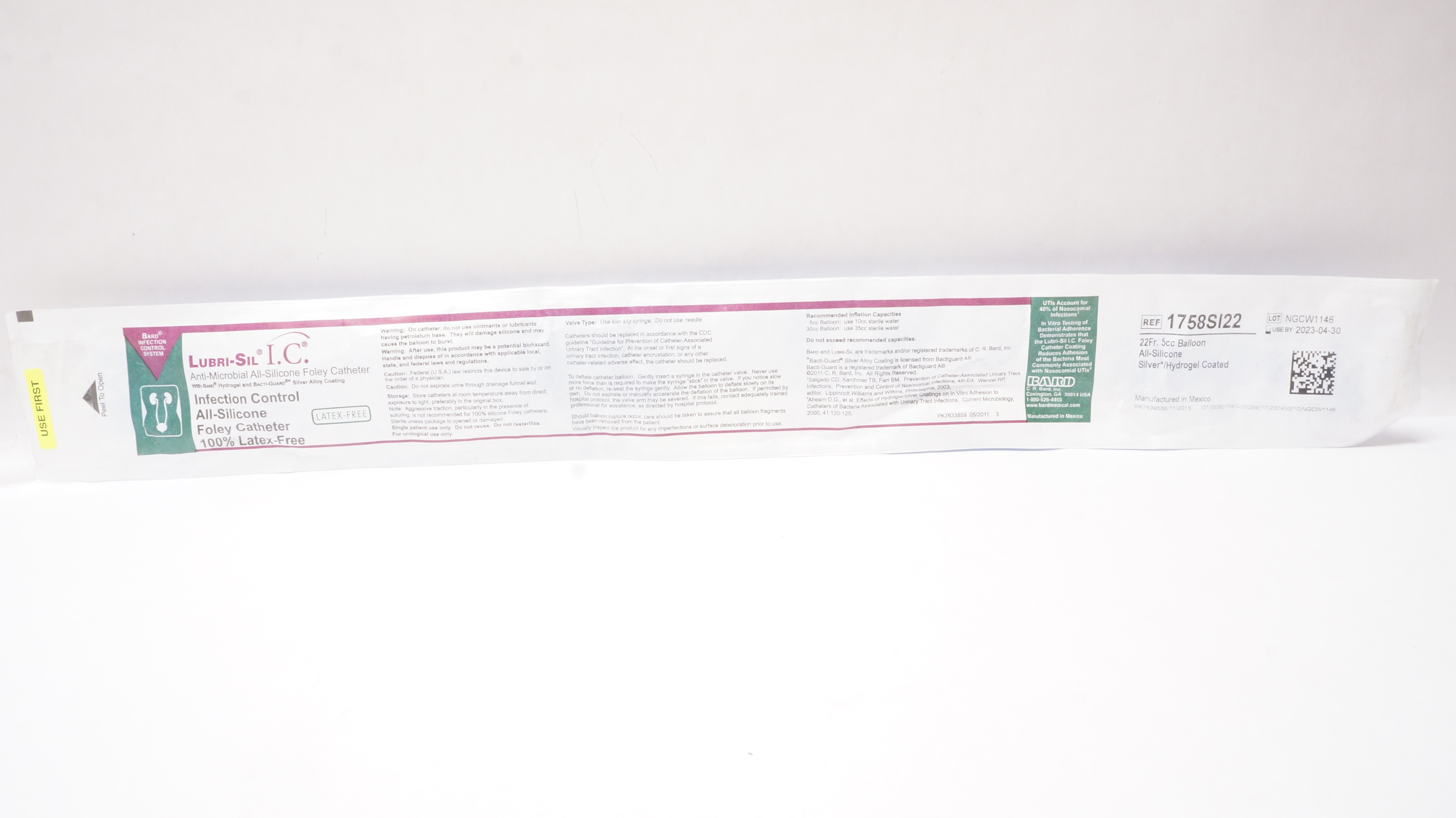 Bard 1758SI22 Lubri-Sil I.C. Anti-Microbial All-Silicone Foley Cath. 22Fr 5cc(x)