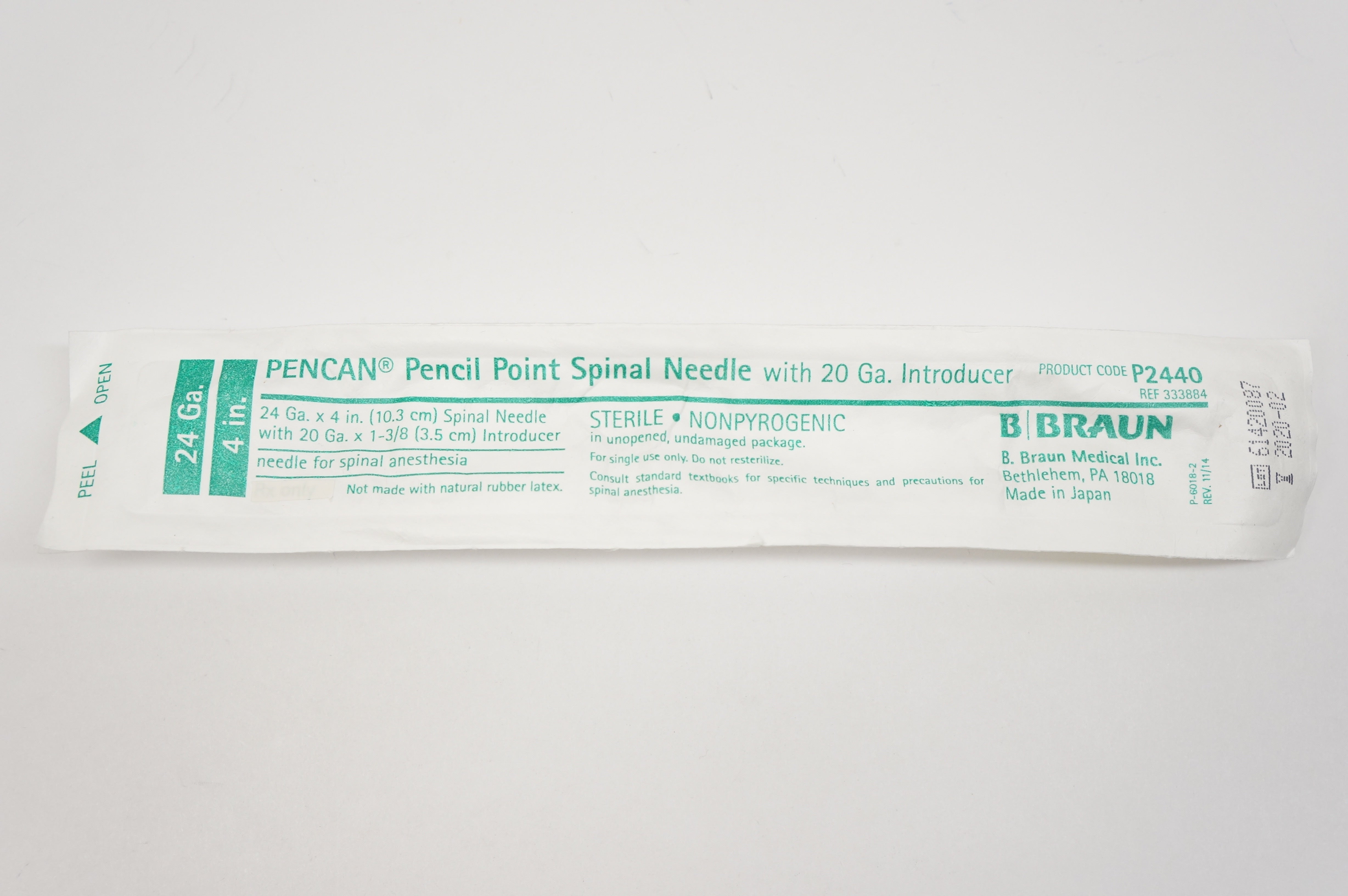 B.Braun 333884 PENCAN Pencil Point Spinal Ndle, 20G Introducer, 24G x 4in. (x)
