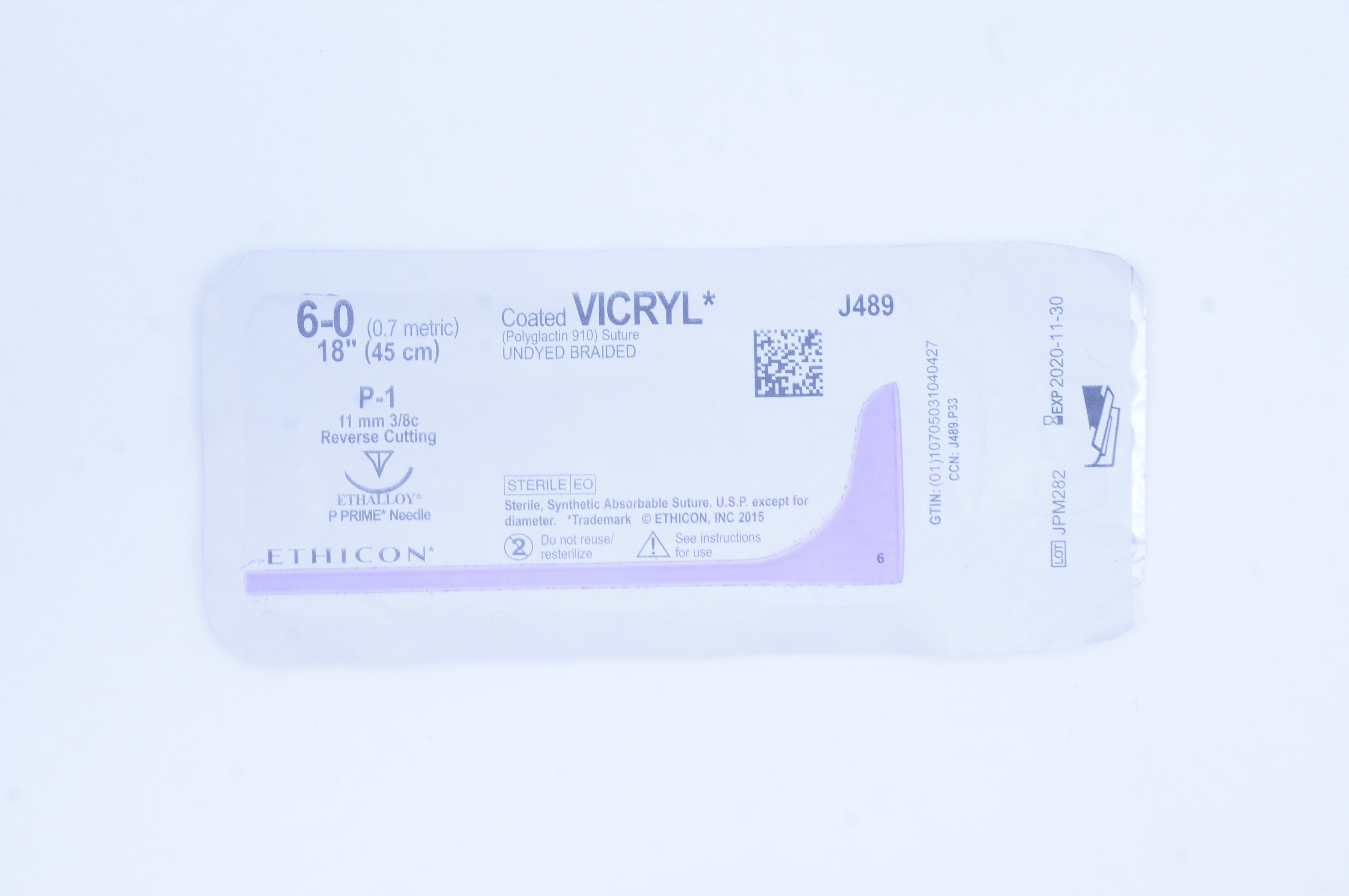 Ethicon J489 6-0 Coated VICRYL P1 11mm 3/8c Reverse Cutting, 18inch (x)