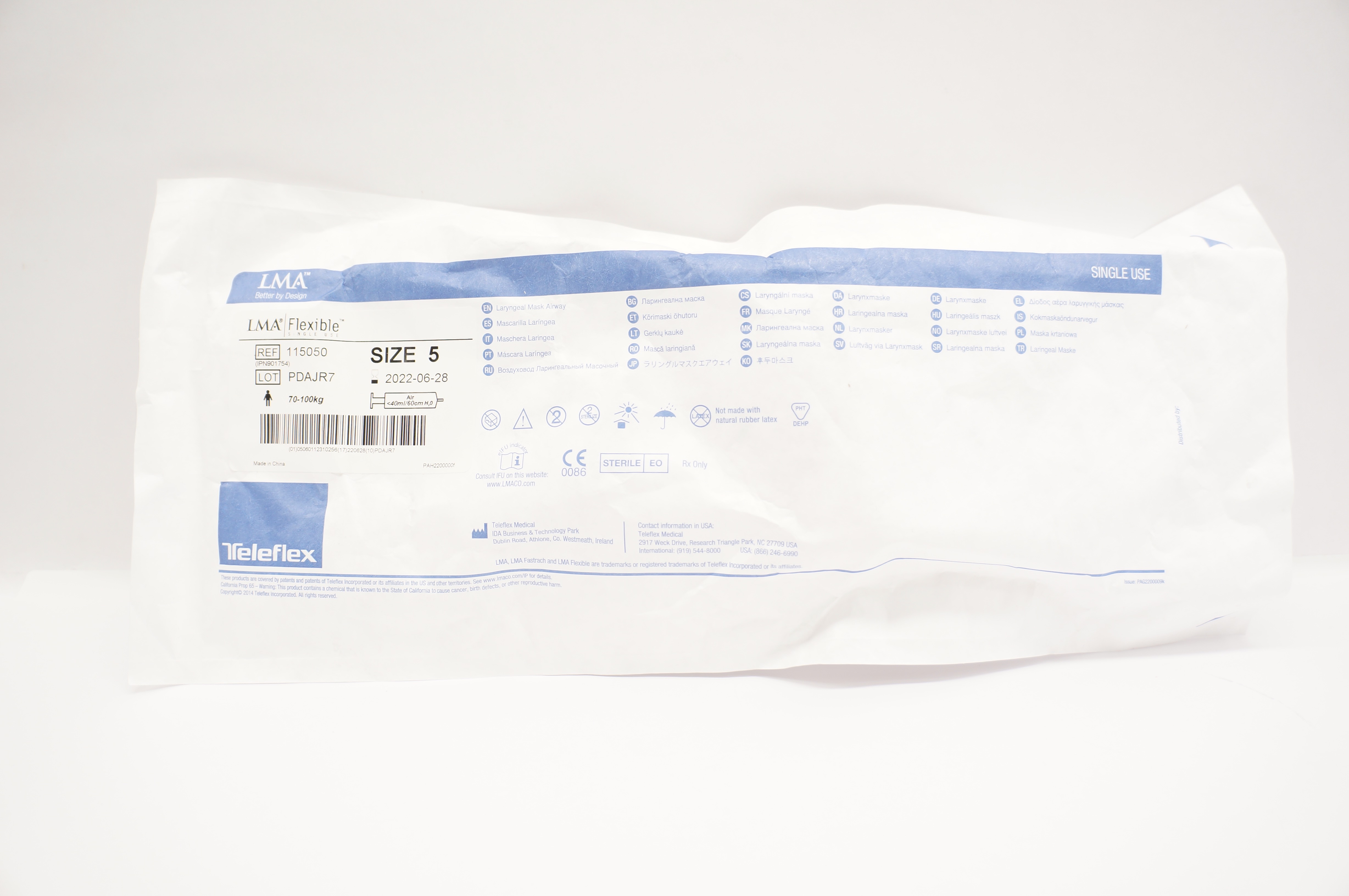 Teleflex 115050 LMA Flexible Laryngeal Mask Airway Size 5 70-100kg <40ml/60cm(x)