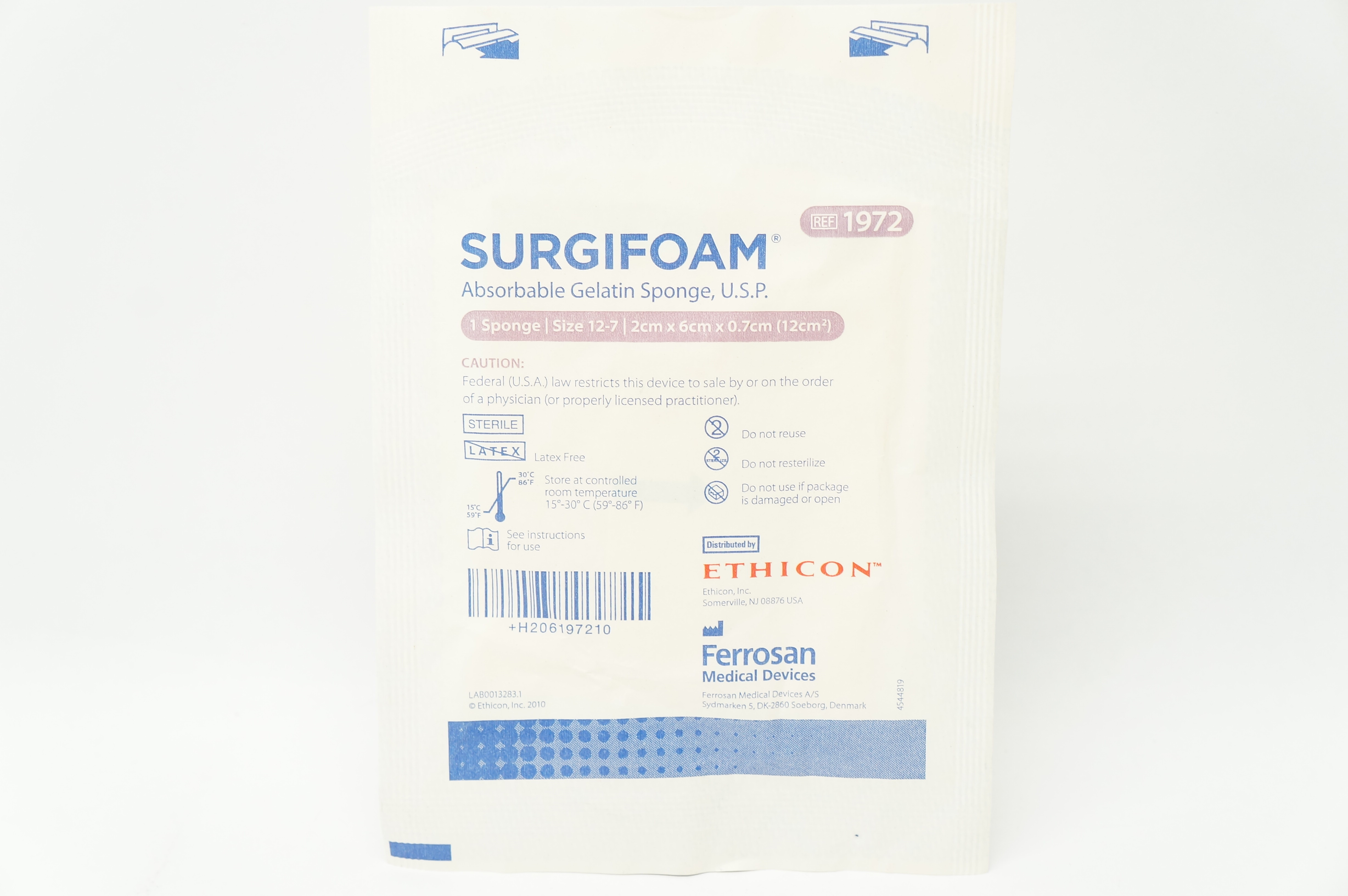 Ethicon 1972 SURGIFOAM Absorbable Gelatin Sponge USP 12-7 2cm x 6cm (x)