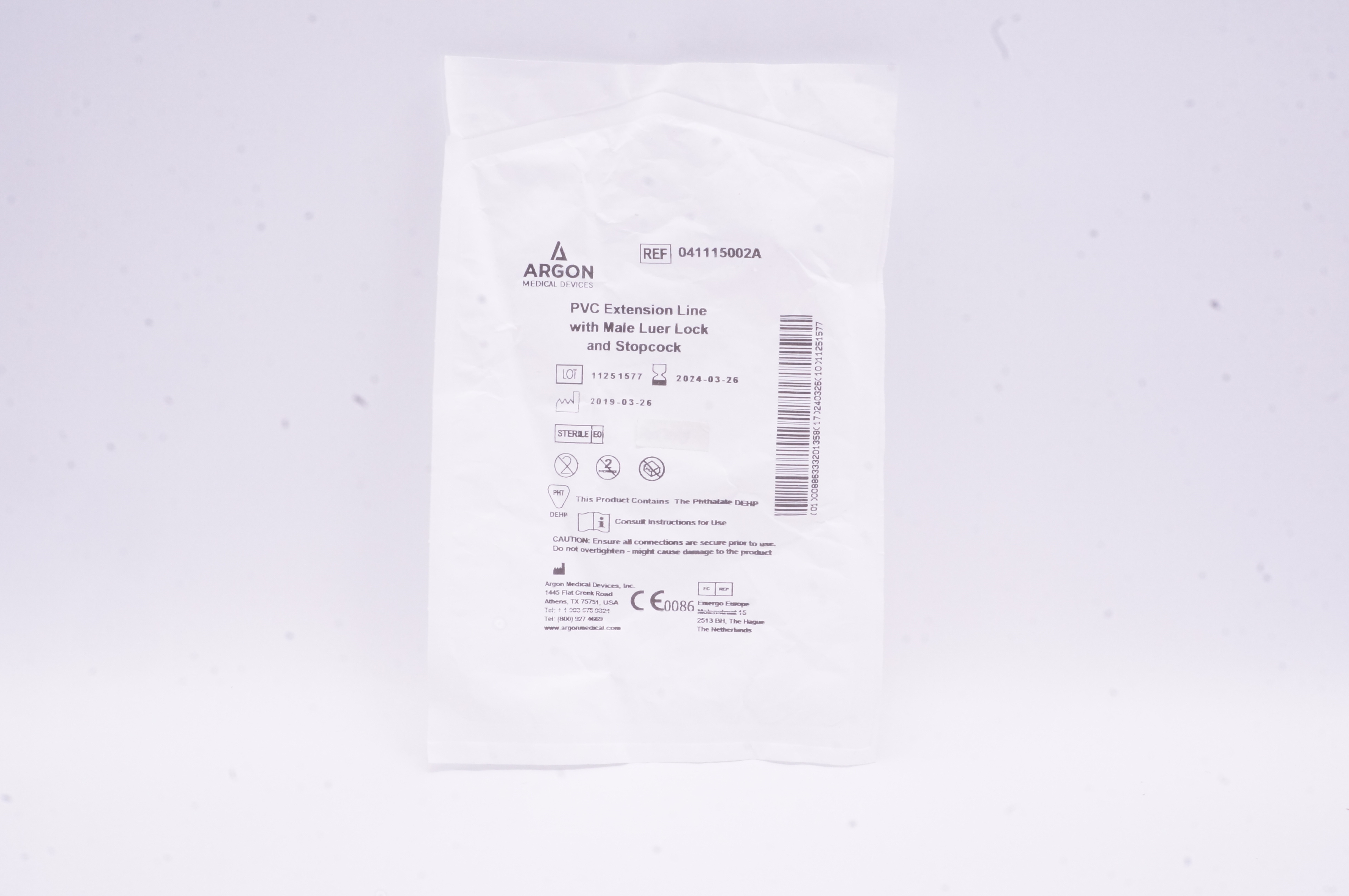 Argon  041115002A PVC Extension Line With Male Luer Lock and Stopcock