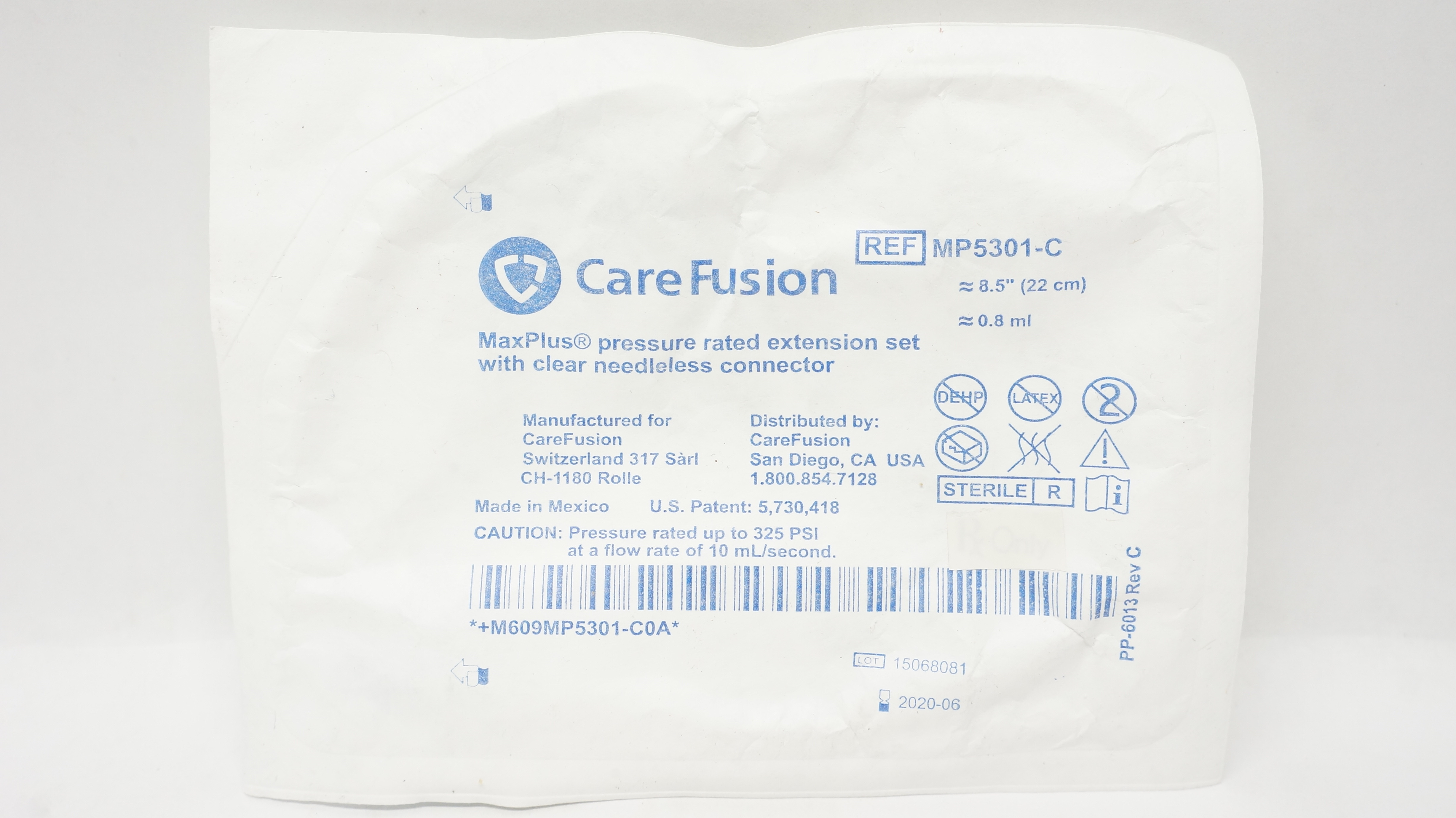 CareFusion MP5301-C MaxPlus Pressure Rated Extension Set  ≈8.5 inch ≈0.8ml (x)
