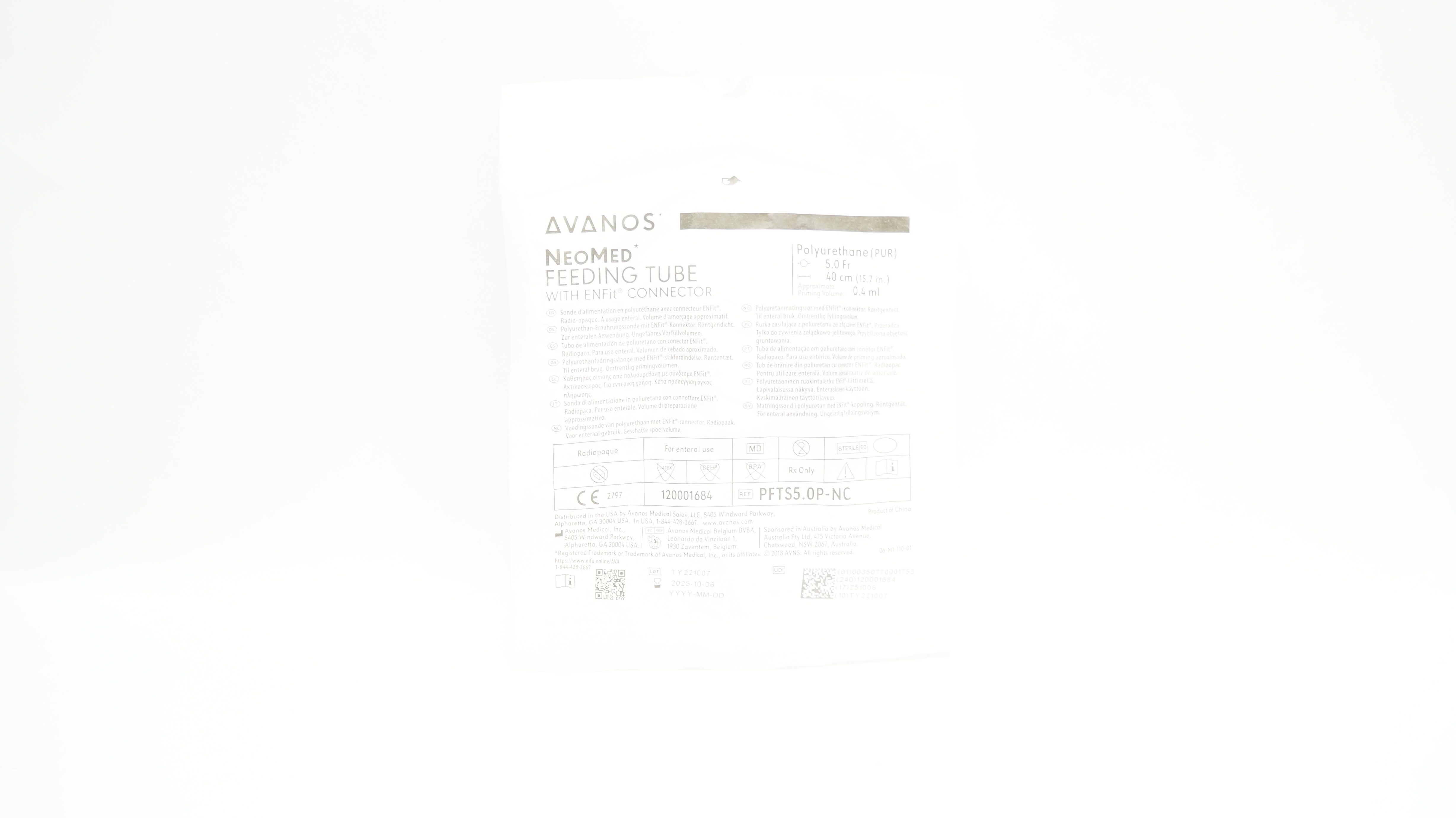 Avanos PFTS5.0P-NC NeoMed Feeding Tube w/ENFit Connector 5.0Fr x 15.7inch 0.4ml