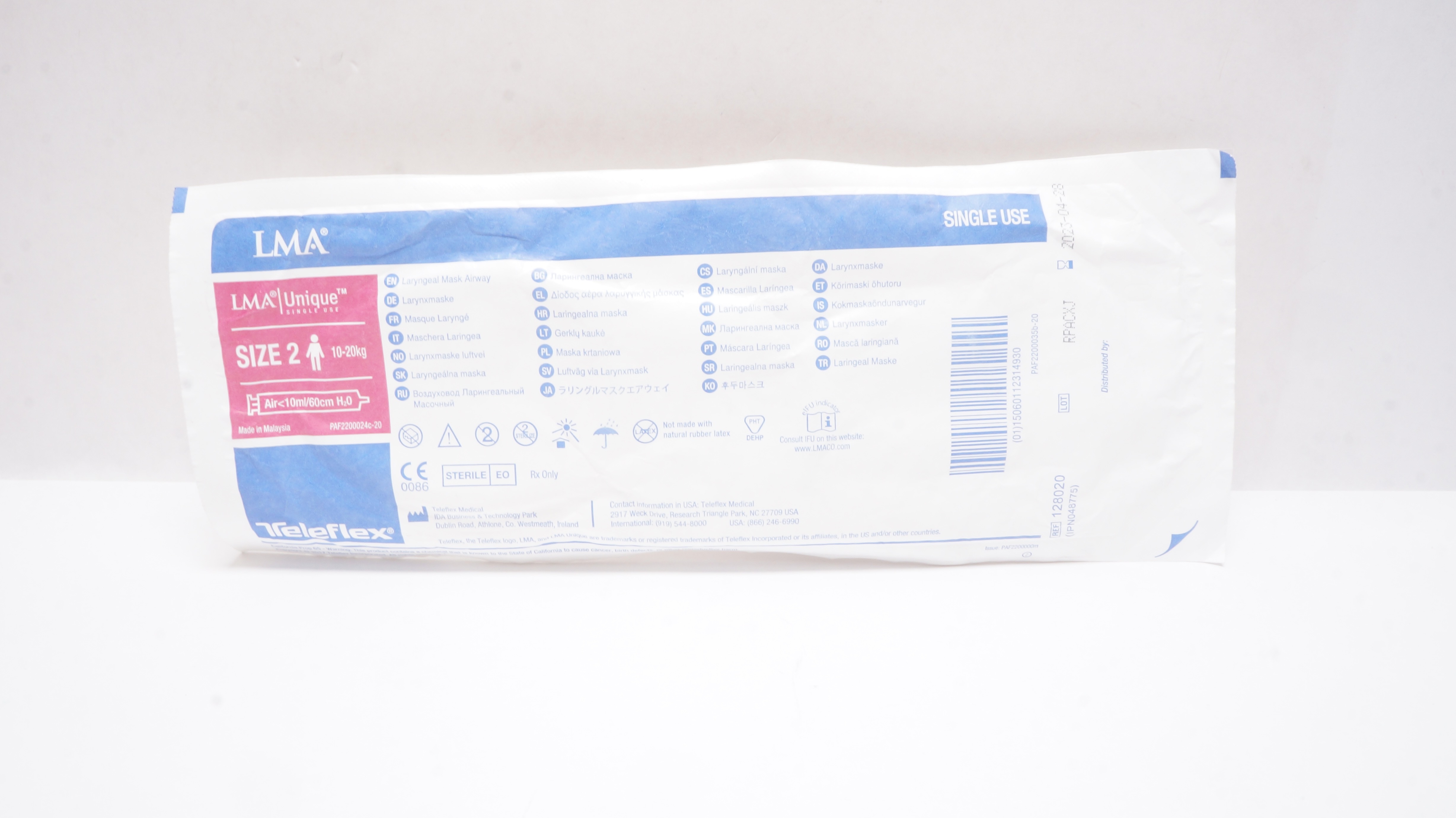 Teleflex 128020 Unique Laryngeal Mask Airway Size 2 10-20kg Air<10ml/60cm H2O(x)