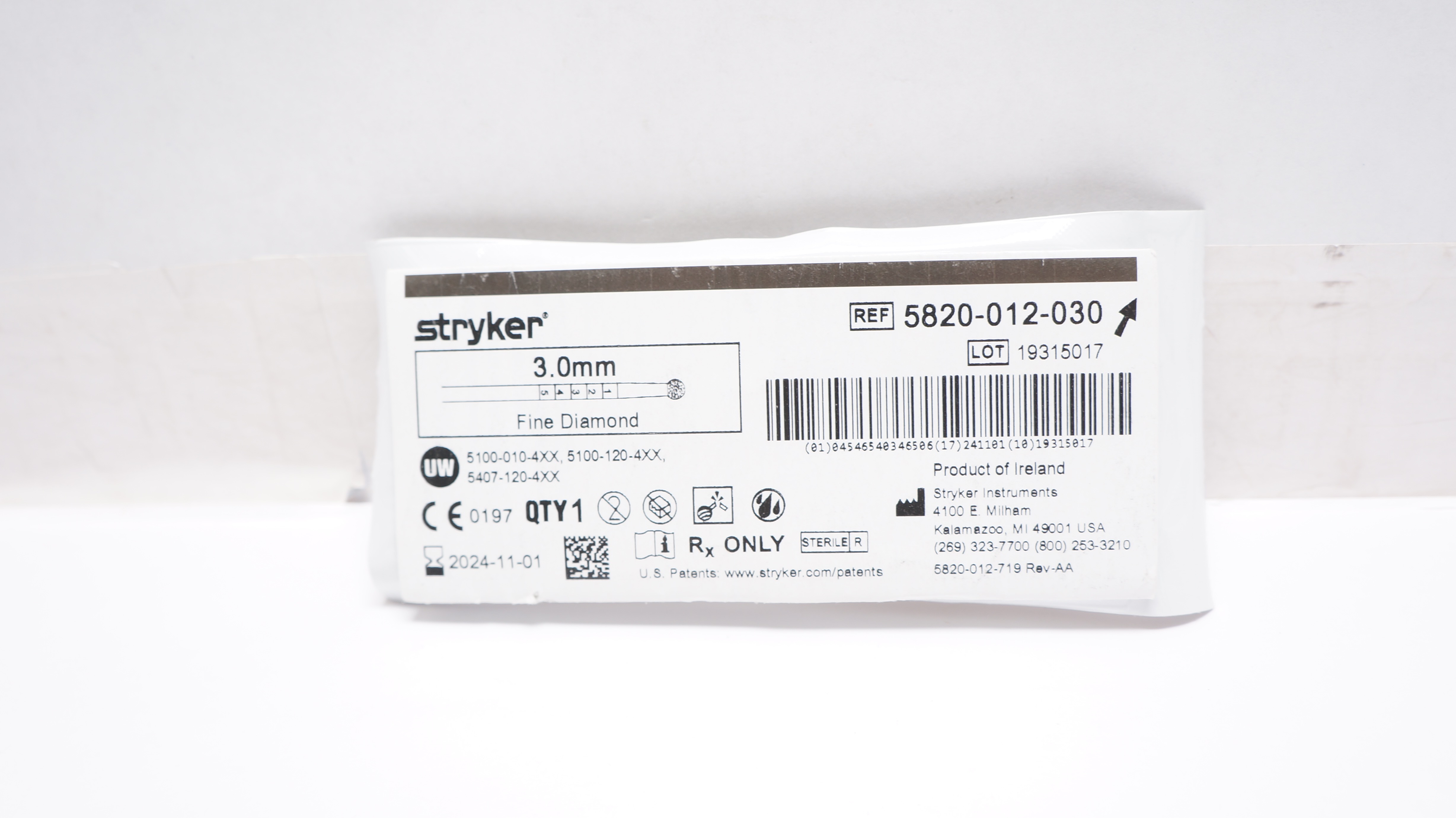 Stryker 5820-012-030 Fine Diamond Bur 3.0mm