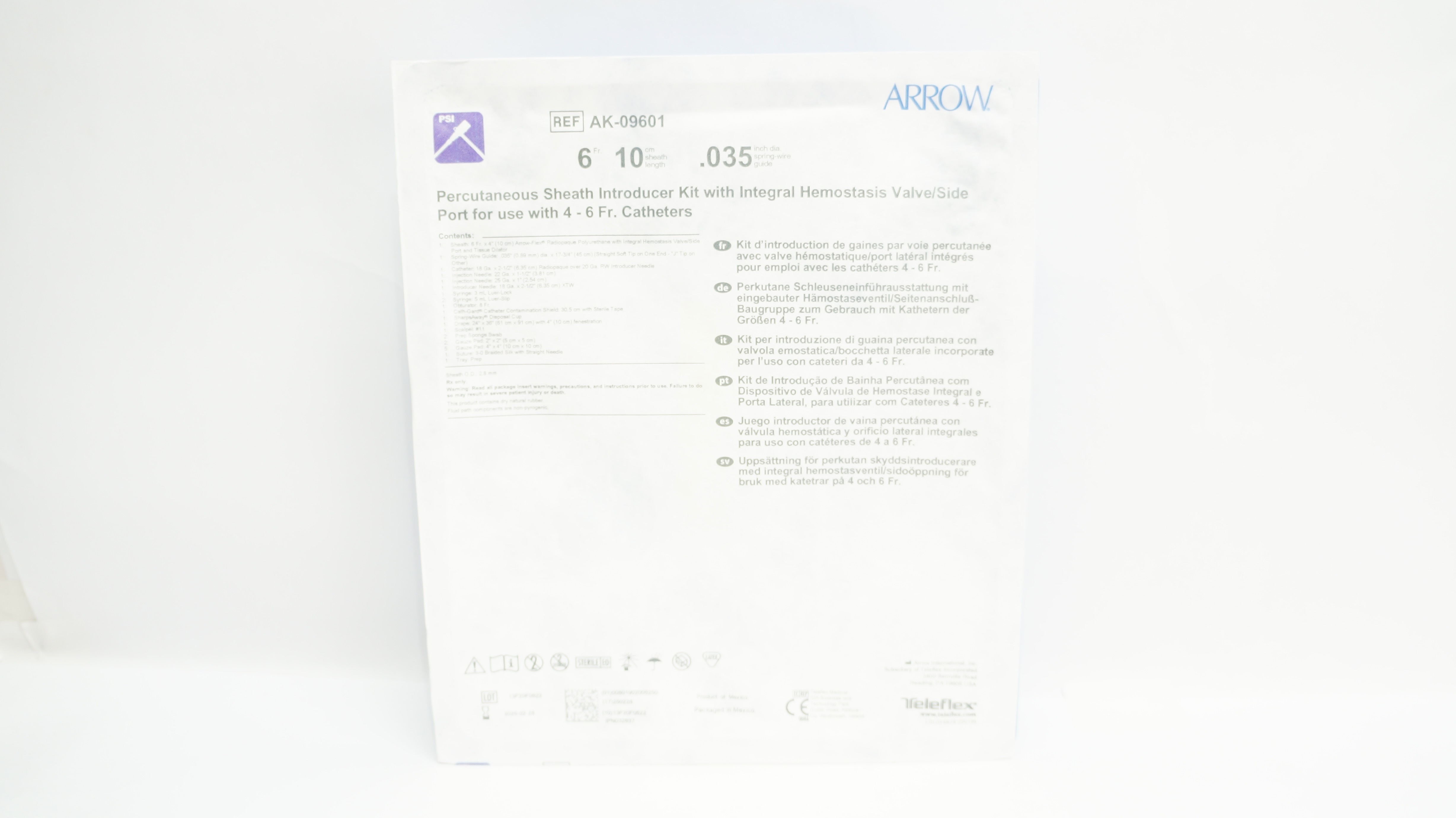 Arrow AK-09601 Percutaneous Sheath Introducer Kit 6Fr. x 10cm x 0.035inch
