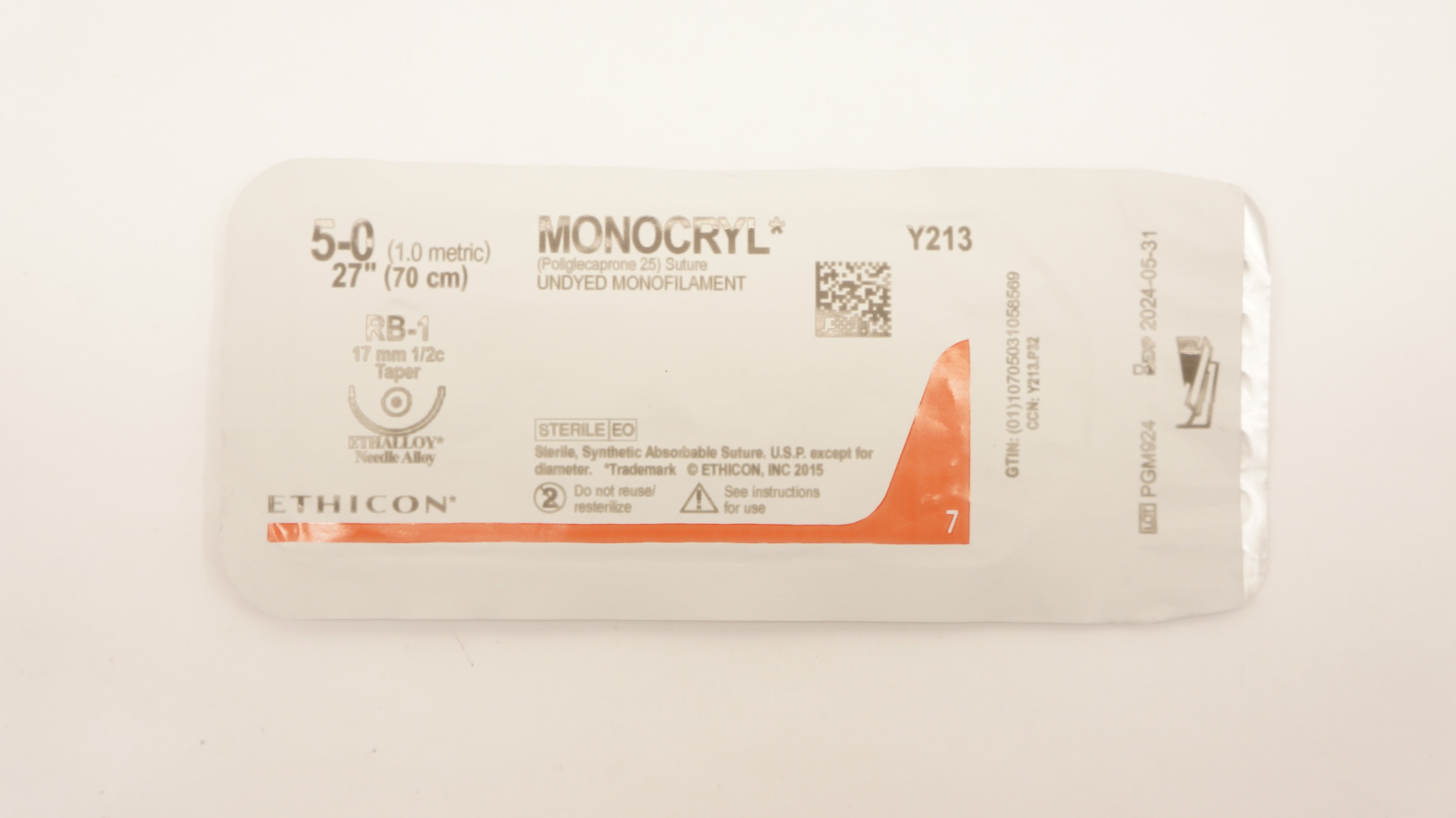 Ethicon Y213 5-0 MONOCRYL, RB-1, 17mm 1/2c Taper, 27inch