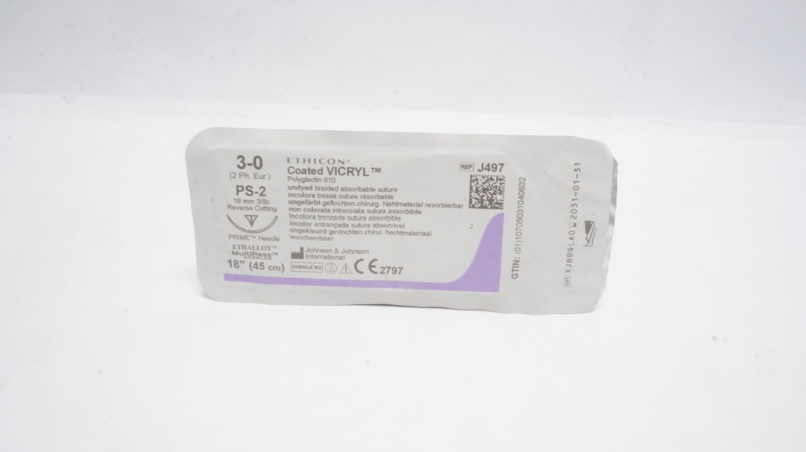 Ethicon J497 Coated VICRYL 3-0 Undyed Suture 18" PS-2 Needle
