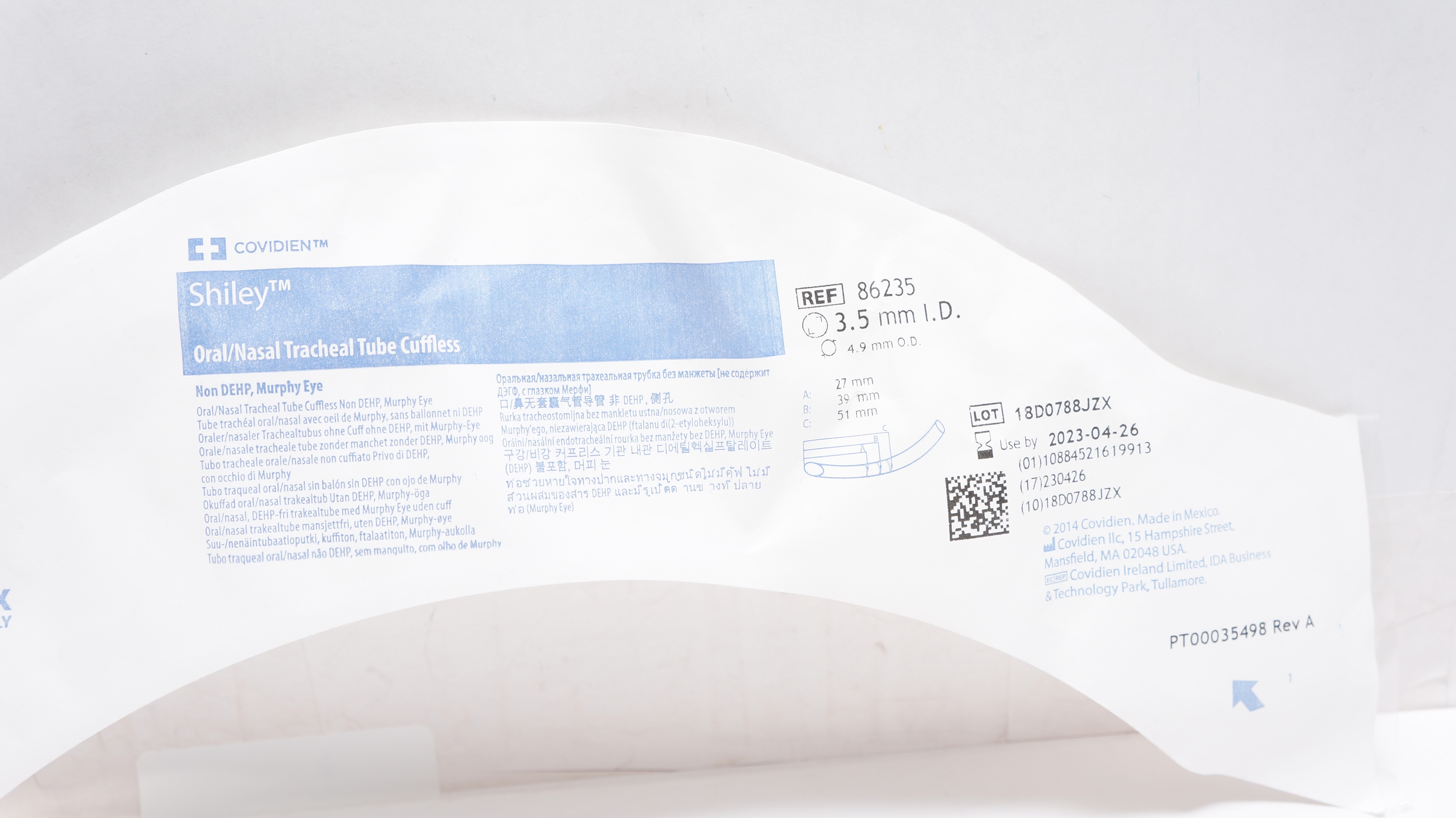 Covidien 86235 Shiley Oral/Nasal Tracheal Tube Cuffless 3.5mm ID x 4.9mm OD (x)