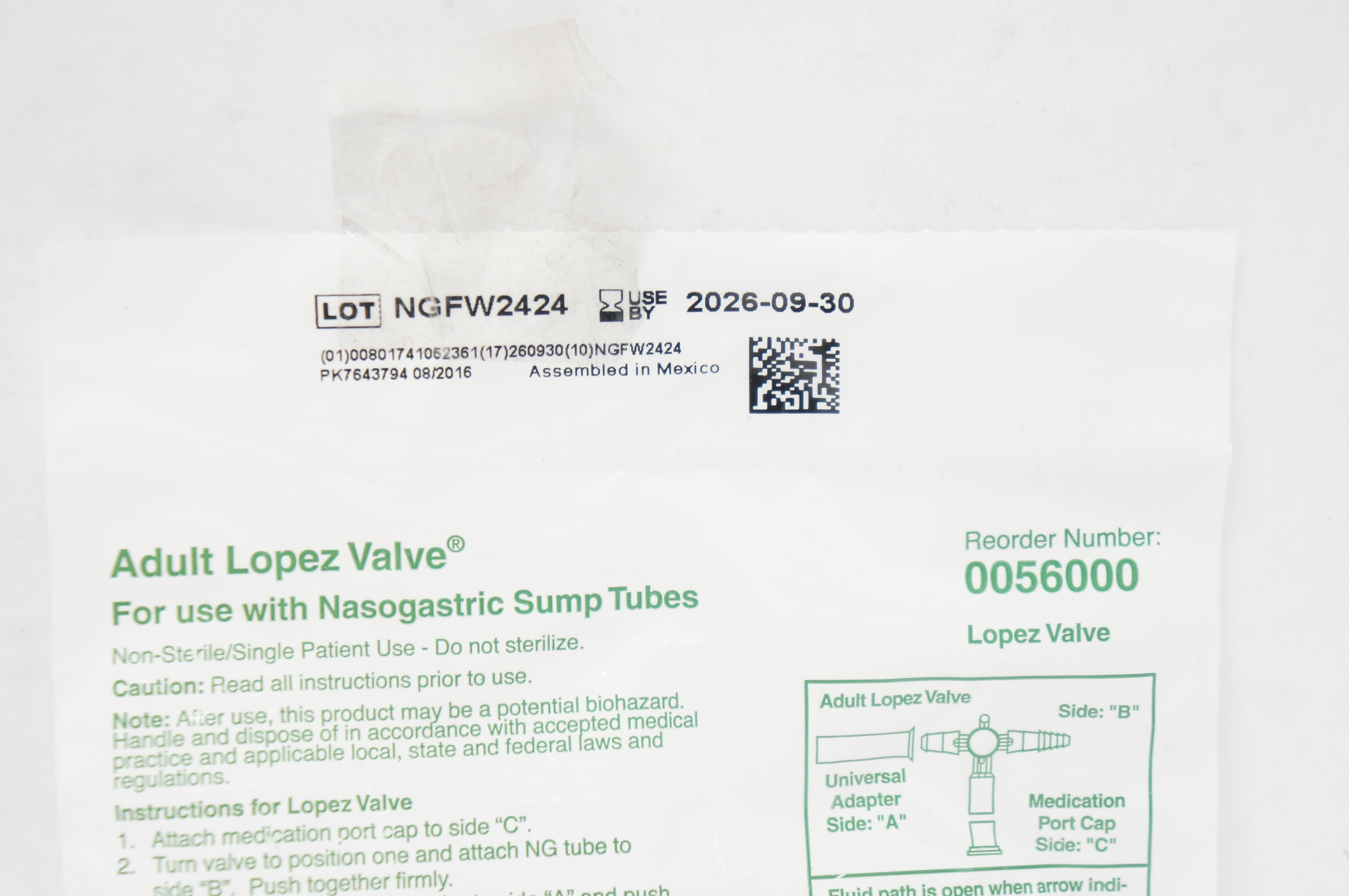 Bard 0056000 Adult Lopez Valve with Nasogastric Sump Tubes