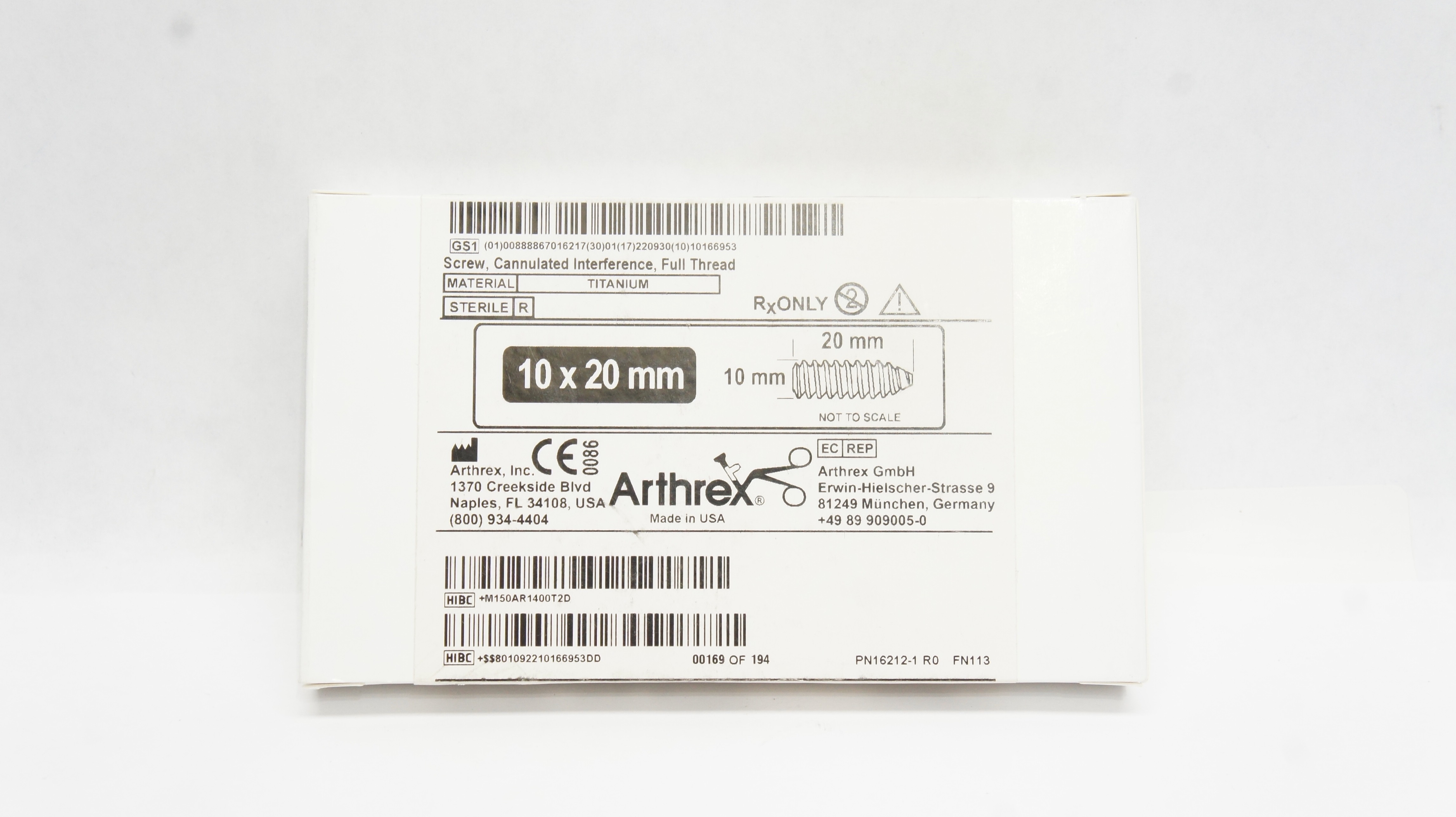 Arthrex AR-1400T Full Thread Cannulated Interference Screw 10 x 20mm (x)