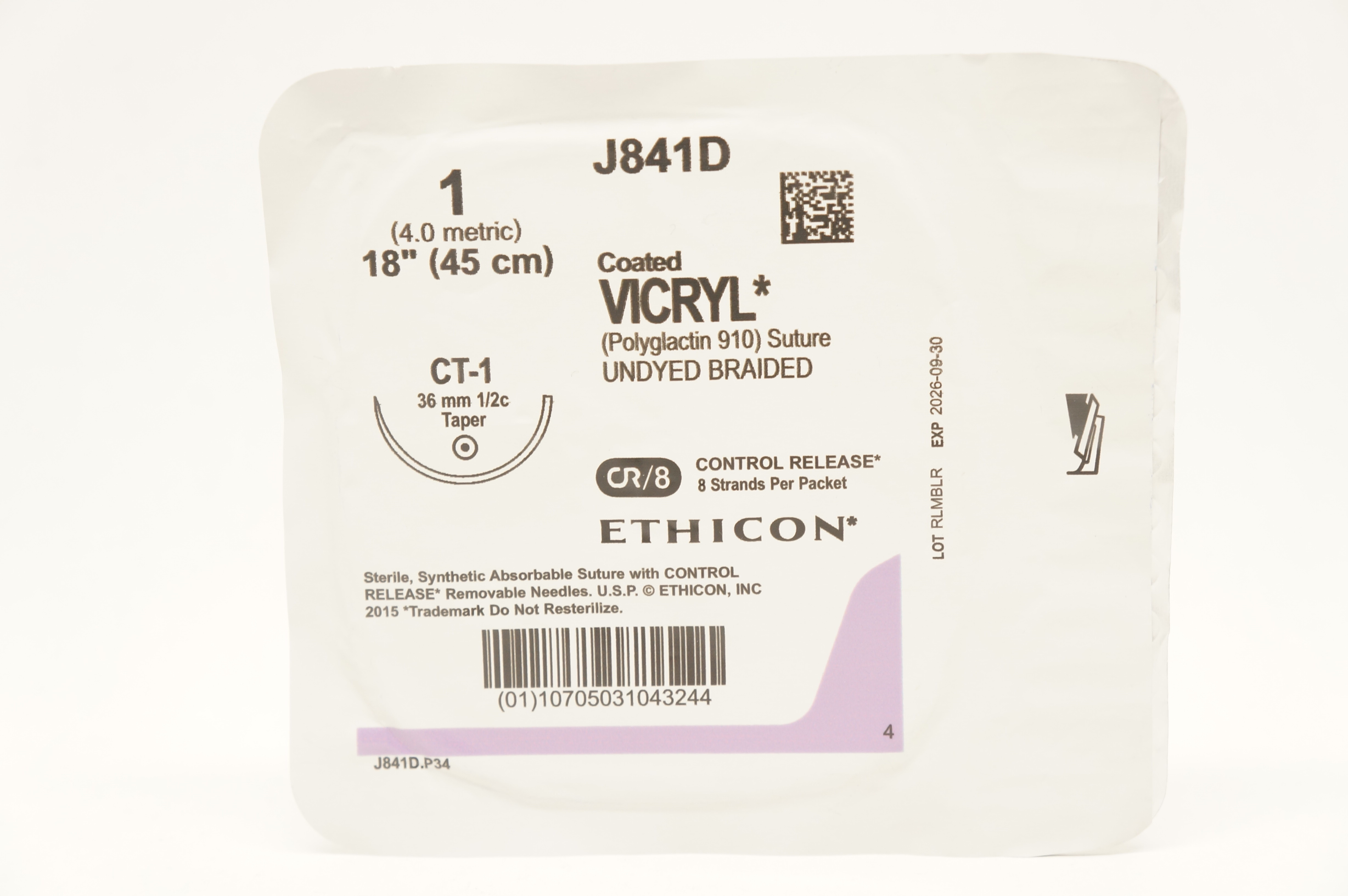 Ethicon J841D 1 Coated VICRYL Polyglactin Stre CT-1 36mm 1/2c Taper, 18inch